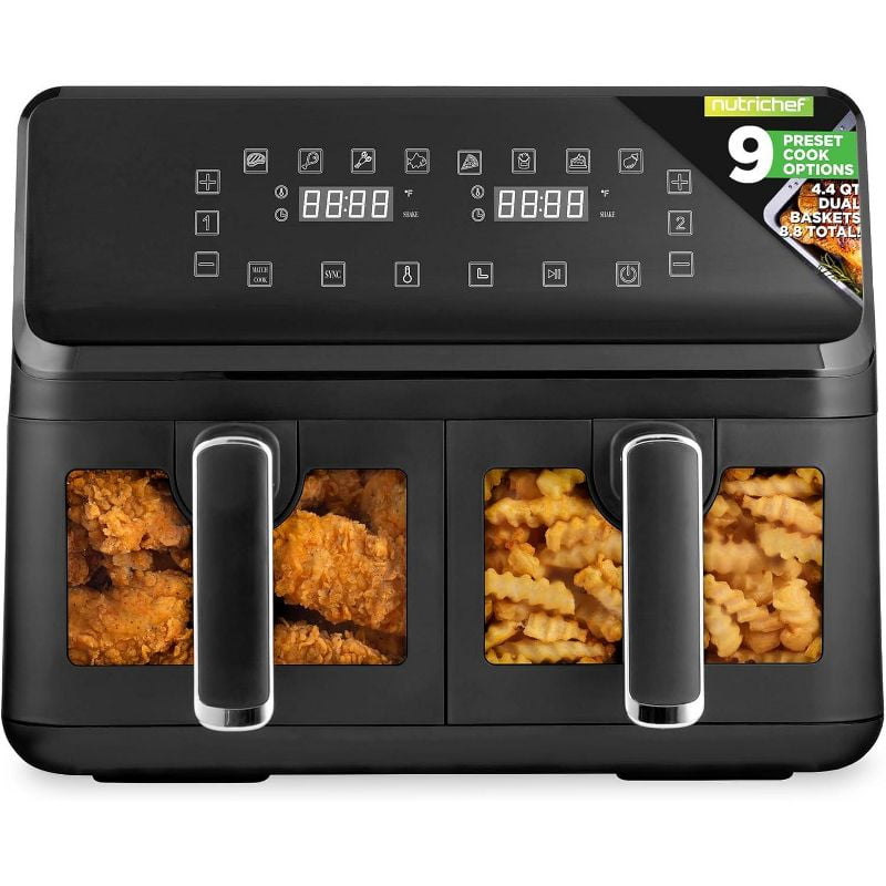 NutriChef 4.4QT Dual asket Air Fryer - Digital Touch Dispy, Oil-Free Cooker with Transparent Viewing Window (ck)