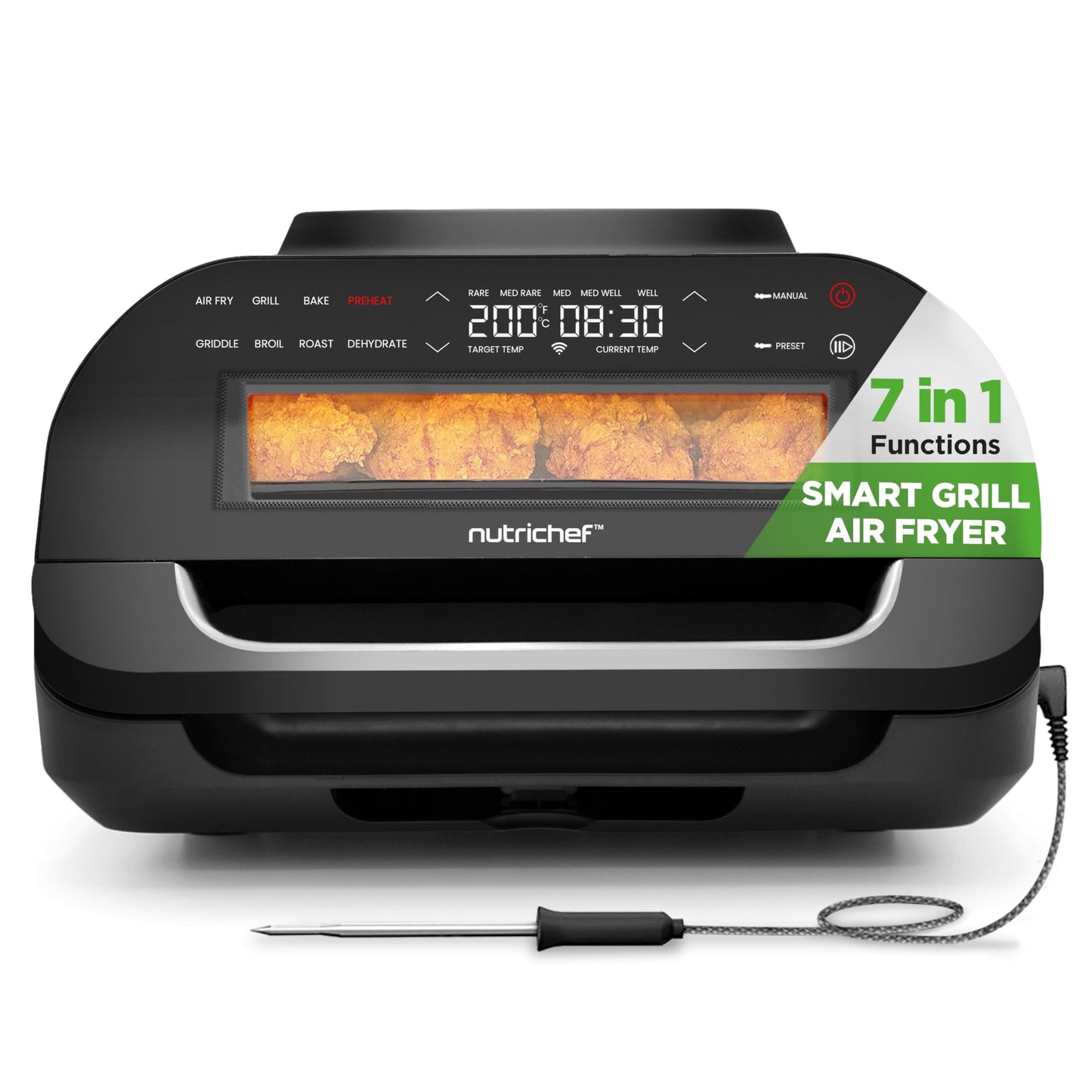 NutriChef Indoor Smokeless Grill Smart Grill & Air Fryer with 7 Cooking Functions 6L Capacity Includes Smart Thermometer Precise Temperature Control Non-Stick Removable Grill Plates
