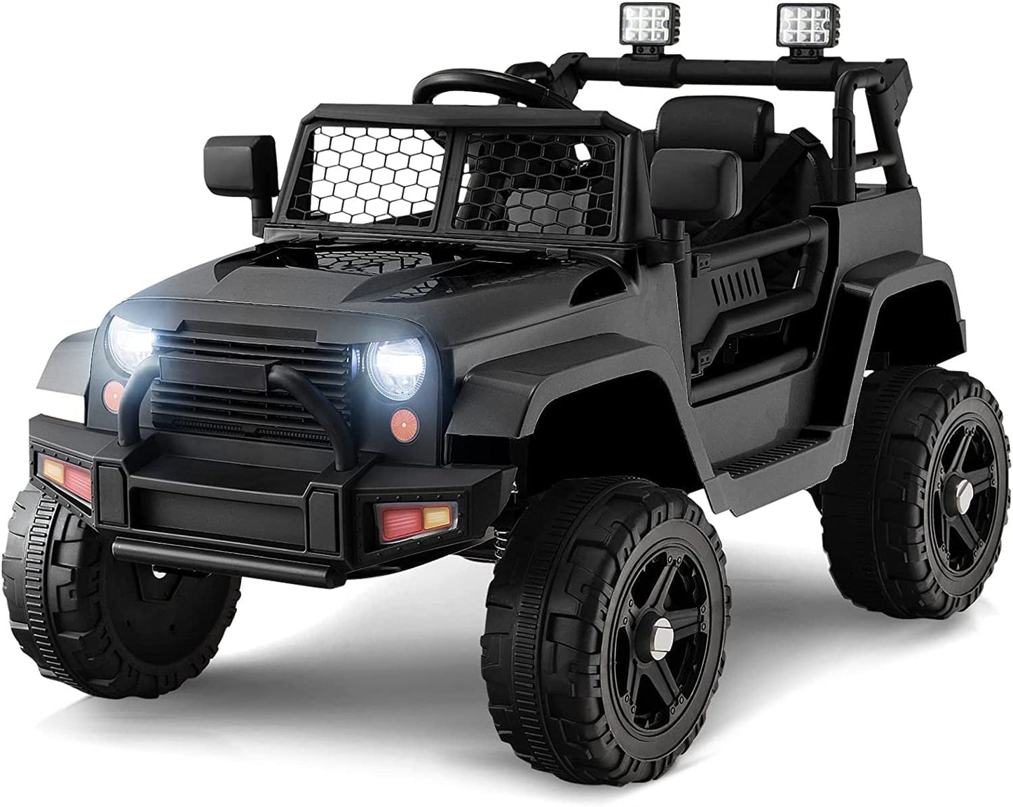OLAKIDS Kids Ride On Truck, 12V Electric Vehicle Jeep Car with Remote Control, Toddlers Battery Powered Toy with 2 Speeds, Spring Suspension, Double Open Doors, LED Lights, Music, USB, Mp3 (White)