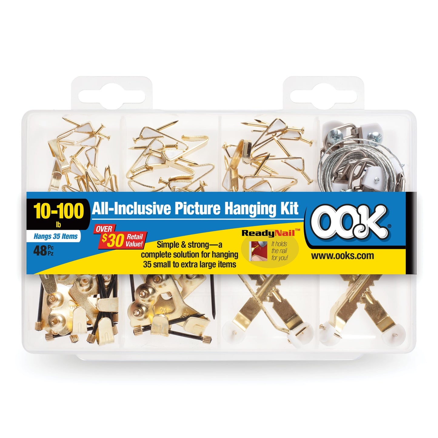 Ook Kit Profesional para Colgar Fotos, ReadyNail, 1-100 lbs, Acero, Latón, Dorado, Paquete de 48