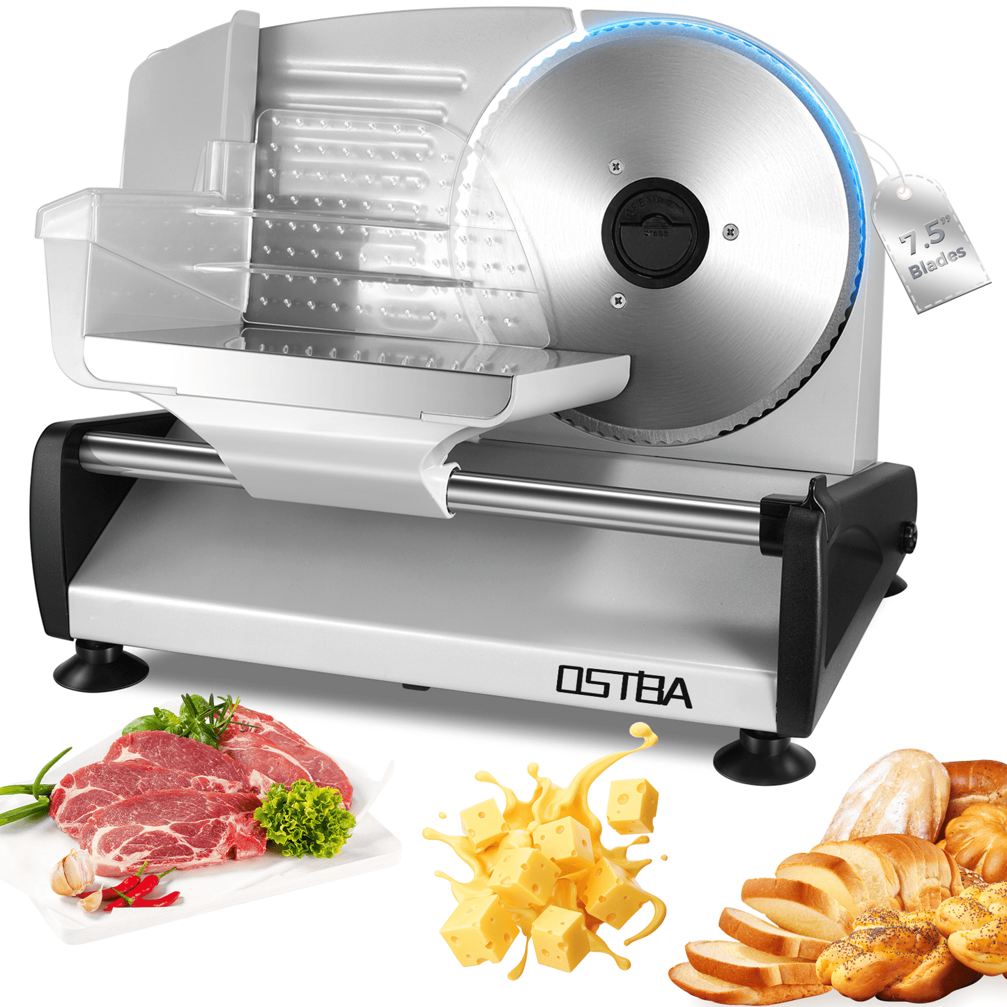 OSTBA Meat Slicer Electric Deli Food Slicer with Child Lock Protection, Removable 7.5’’ Stainless Steel Blade and Food Carriage, Adjustable Thickness Food Slicer Machine for Meat, Cheese, Bread(150W)