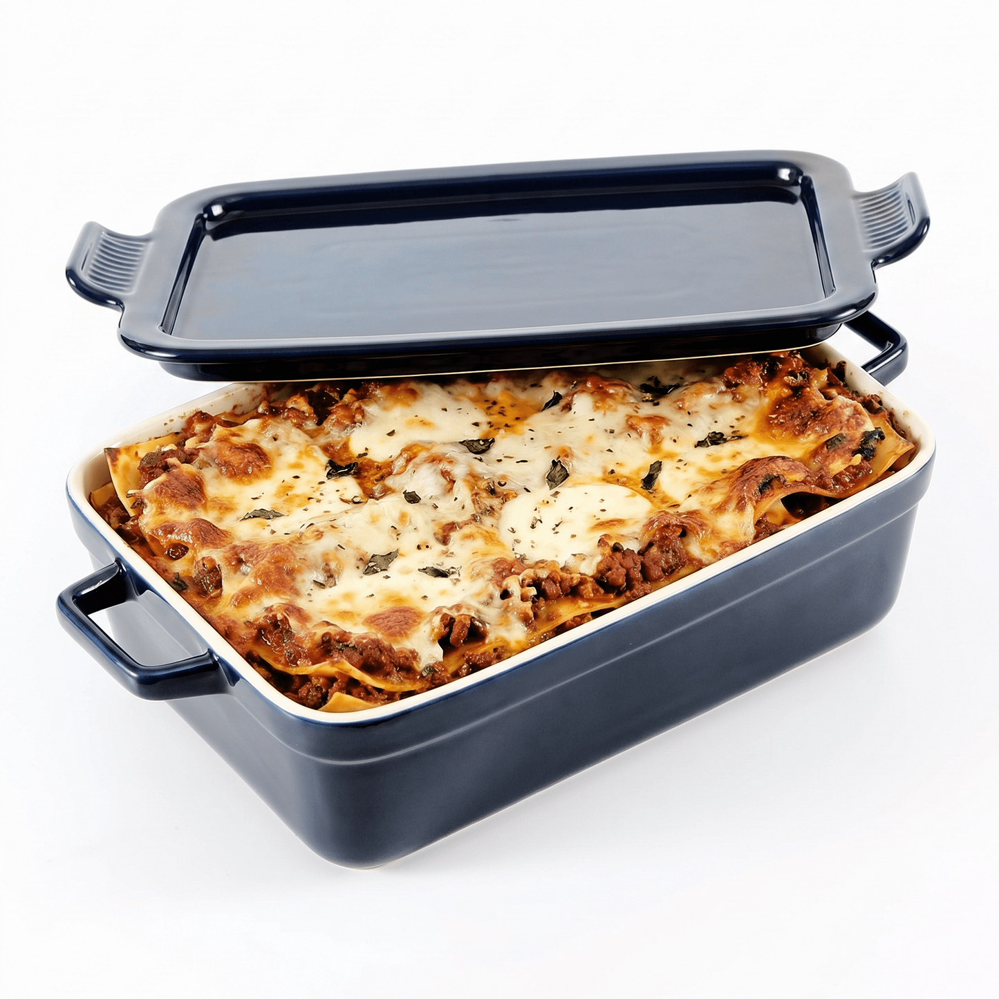 OVENTE Ceramic Baking Dish with Lid, 3 Quart Rectangular Stoneware Casserole Dish for Baking and Serving, Lasagna Pan Deep with Handles, Oven & Dishwasher Safe Bakeware, Ideal Home Gift, Blue BP13BL