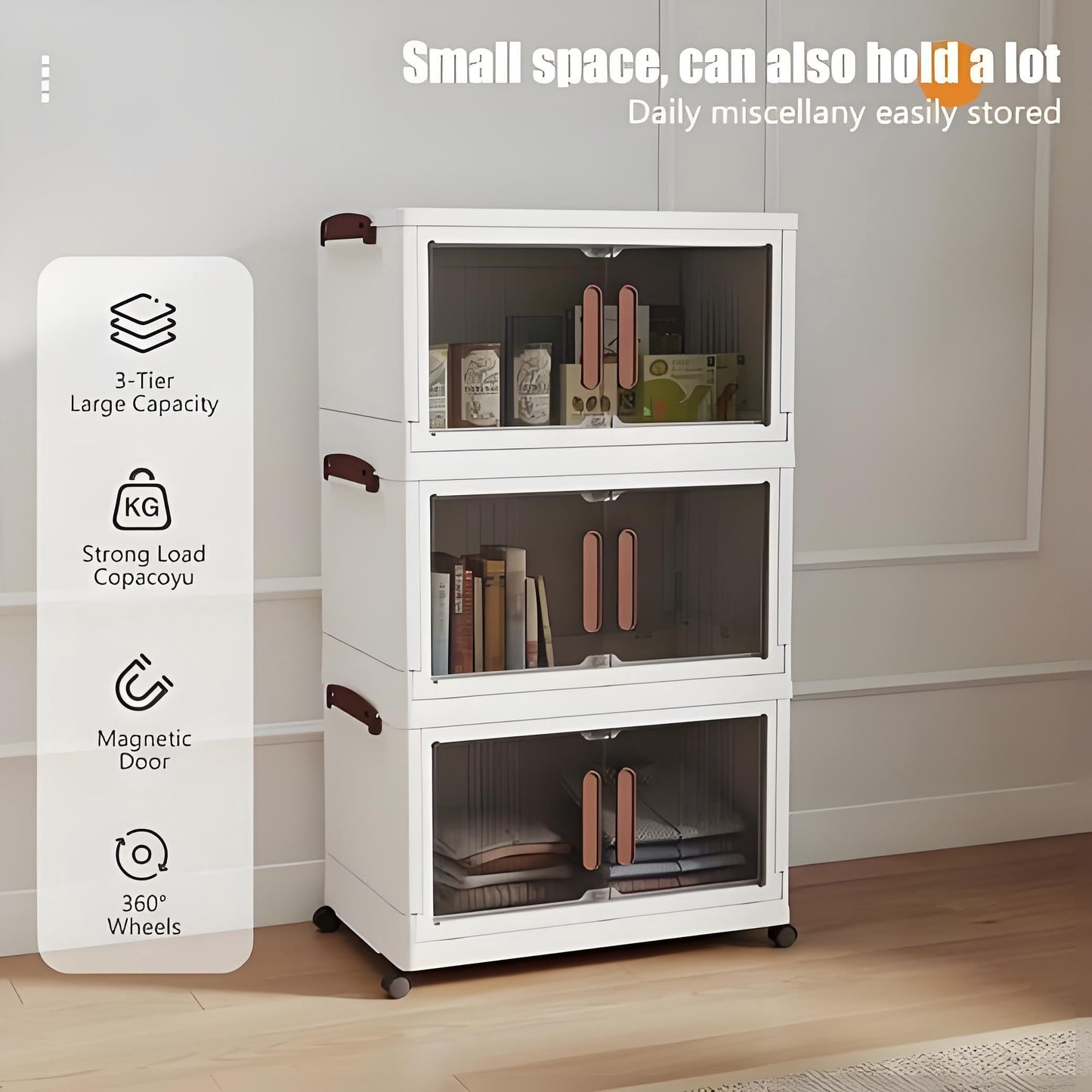 Howcool 3 Tier Stackable Storage Bins with Lids and Wheels, Foldable Storage Boxes with Rolling Casters, Closet, Living Room, Home Office