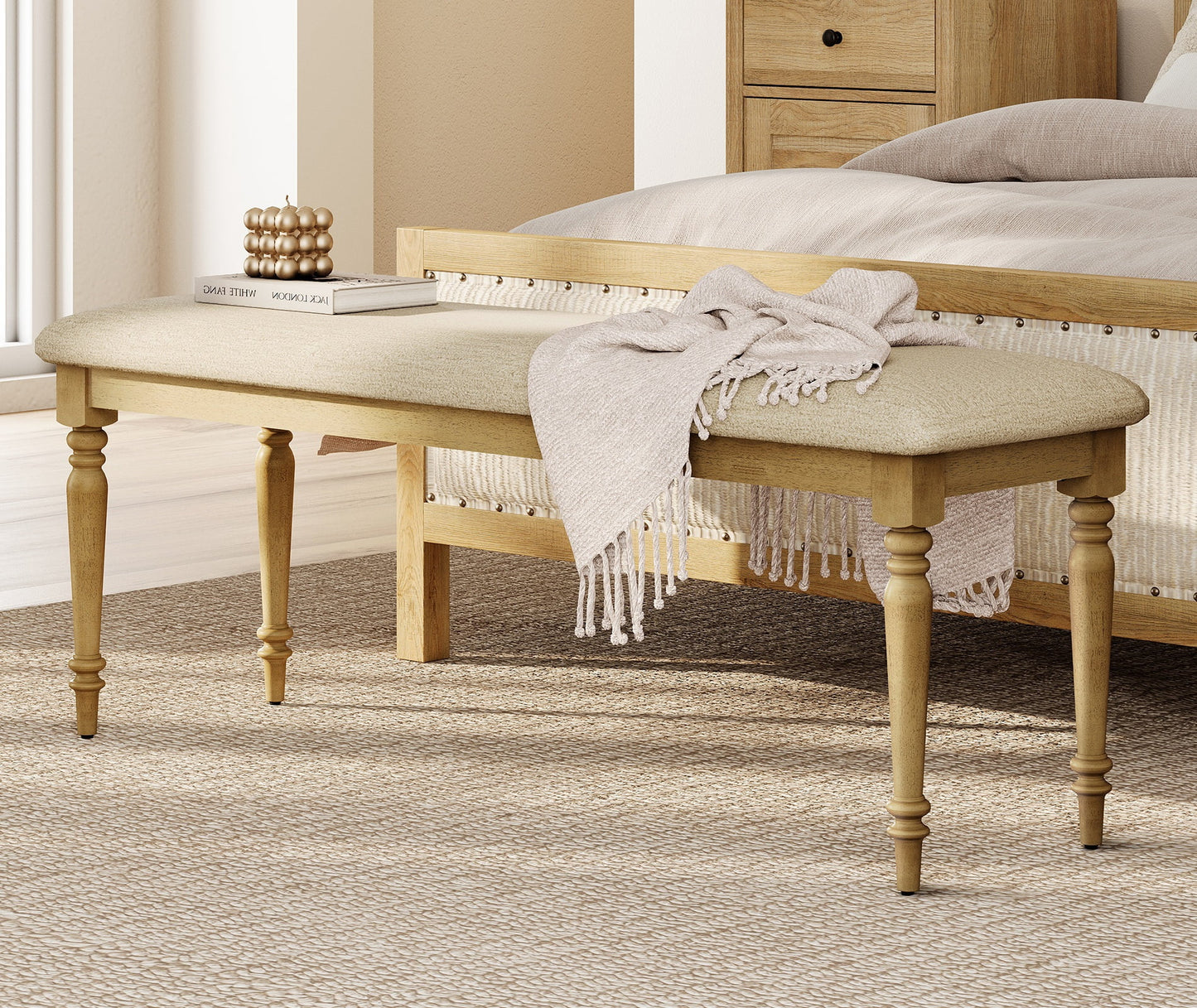 Oak Upholstered End of Bed Bench, Farmhouse Bedroom Bench Entryway Seat with Solid Wood Legs, 52 Inch