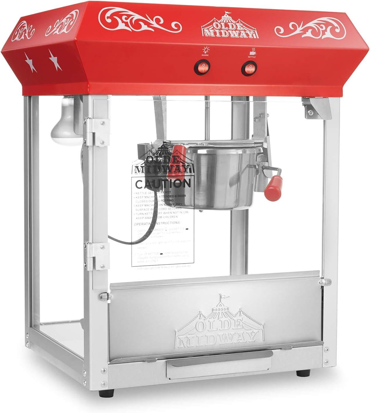 Olde Midway Bar Style Popcorn Machine Maker Popper with 6-Ounce Kettle - Red