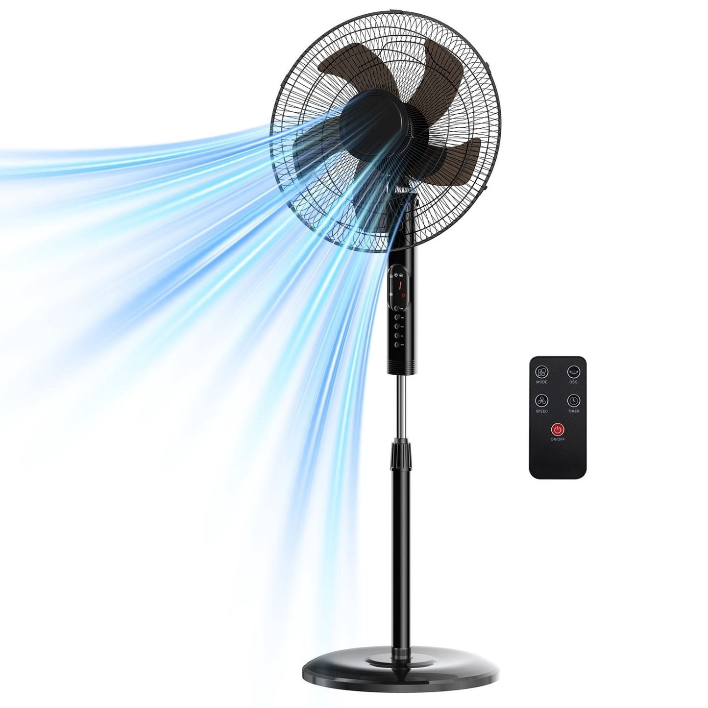 Oscillating Pedestal Stand Fan with Remote, 3 Speed Powerful Airflow Adjustable Height, 3 Speed & 3 Wind Modes,80°Angle Floor Cooling Fan for Bedroom Office, Black