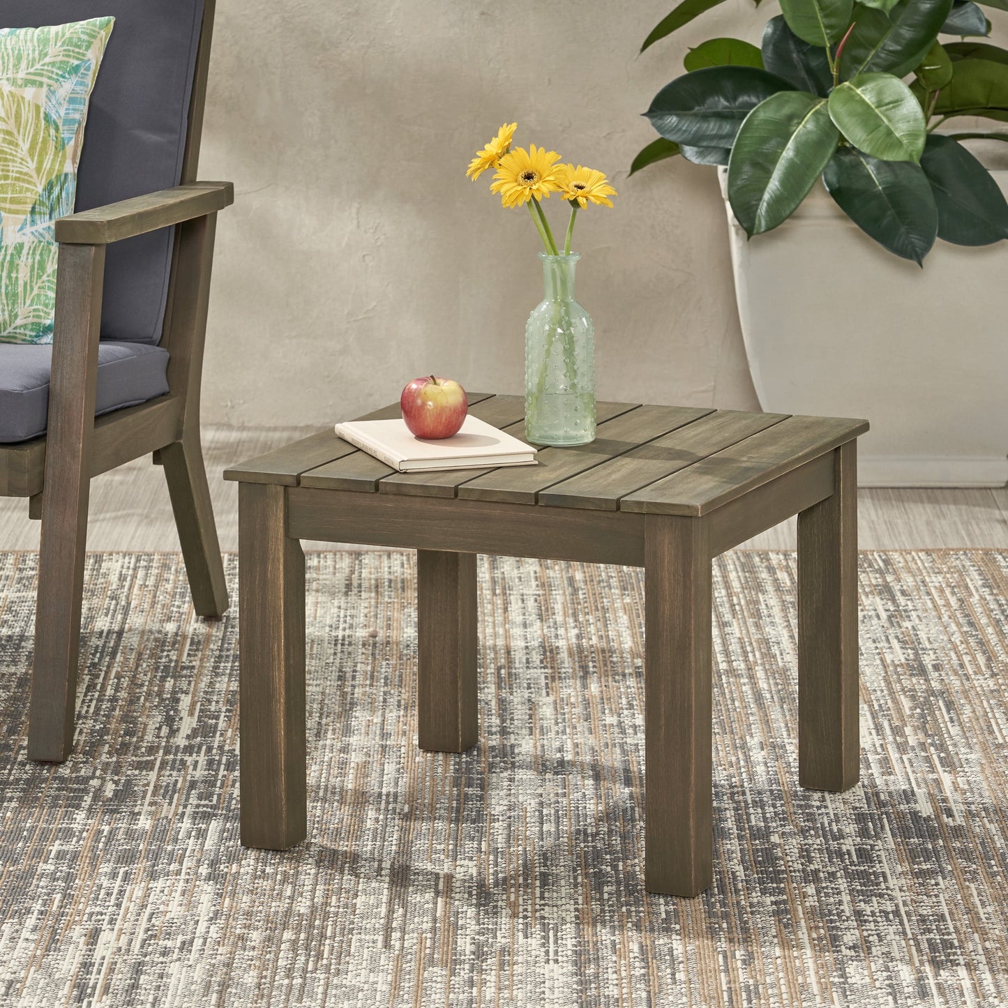 Outdoor Square Accent Side Table, Acacia Wood Leisure Decoration Table for Patio Garden, Gray