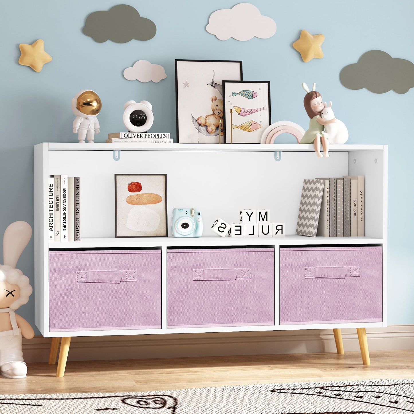 PORKISS Bookshelf for Kids, Wood Kids Bookcase with Collapsible Fabric Drawers, Freestanding Toy Organizer, Modern Toy Storage for Children's Room, Living Room, White/Pink