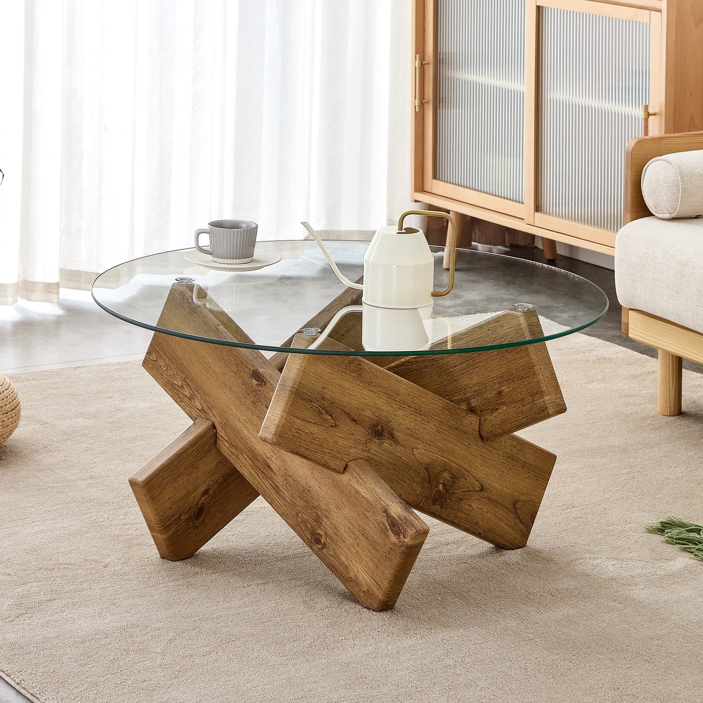 PORKISS Coffee Table, Glass Round Coffee Table for Living Room with Wood Legs, 33.4" Farmhouse Tea Table for Apartments, Reception Rooms, Center Table, White