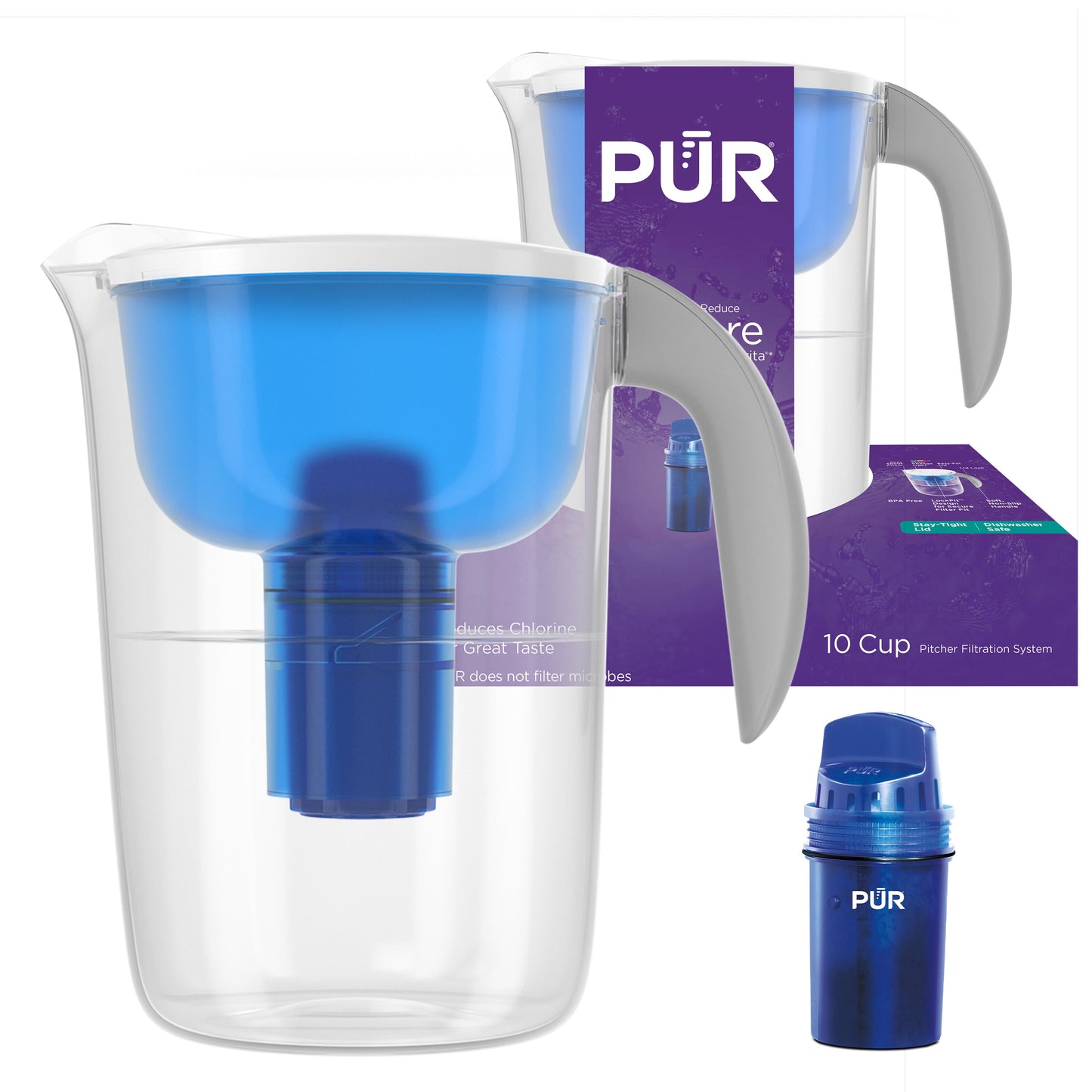 PUR Sistema de Filtración para Jarra de Agua de 10 Tazas, 10.2" de Ancho x 10.6" de Alto x 6.8" de Largo, Ãndigo, PPT001N