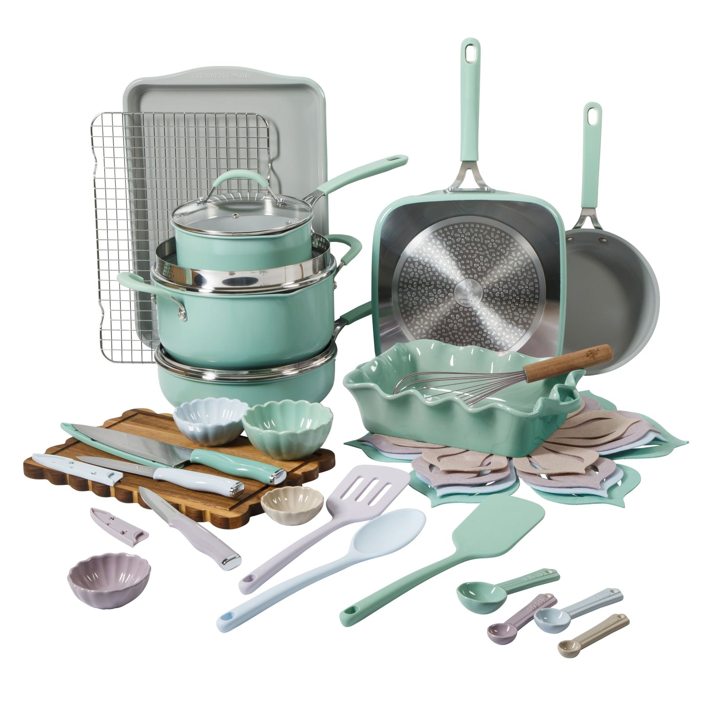The Pioneer Woman Juego de Utensilios de Cocina y ReposterÃa de Cerámica Antiadherente, Sutton de 34 Piezas, Verde