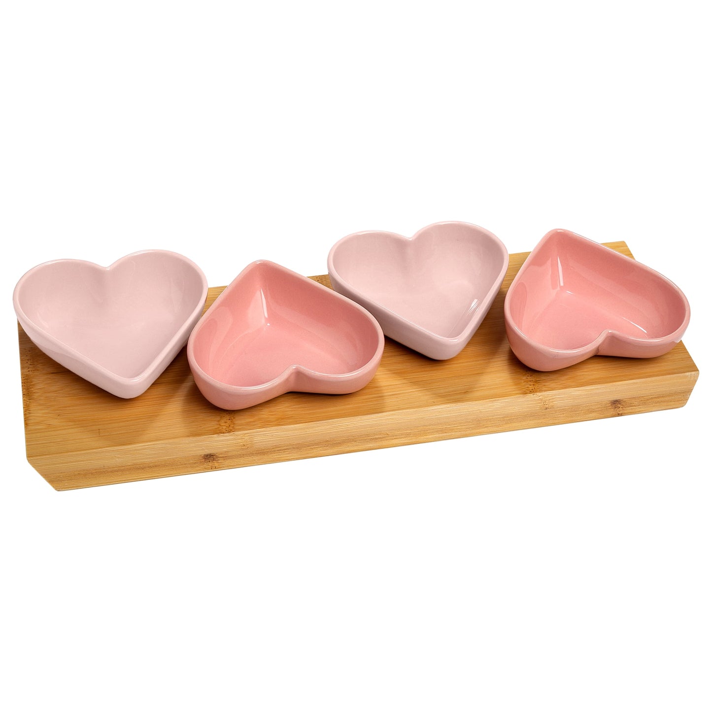 Paris Hilton London Collection 5-Piece Stoneware Ceramic Heart Dip Bowl Set with Bamboo Serving Tray Platter, Blush Pink and Rose Pink