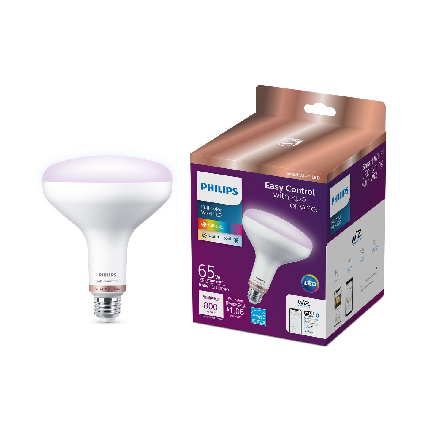Philips Smart Wi-Fi Connected LED 65-Watt BR40 Flood Light Bulb, Frosted Color, Dimmable, 110º Beam Angle, E26 Medium Base (1-Pack)