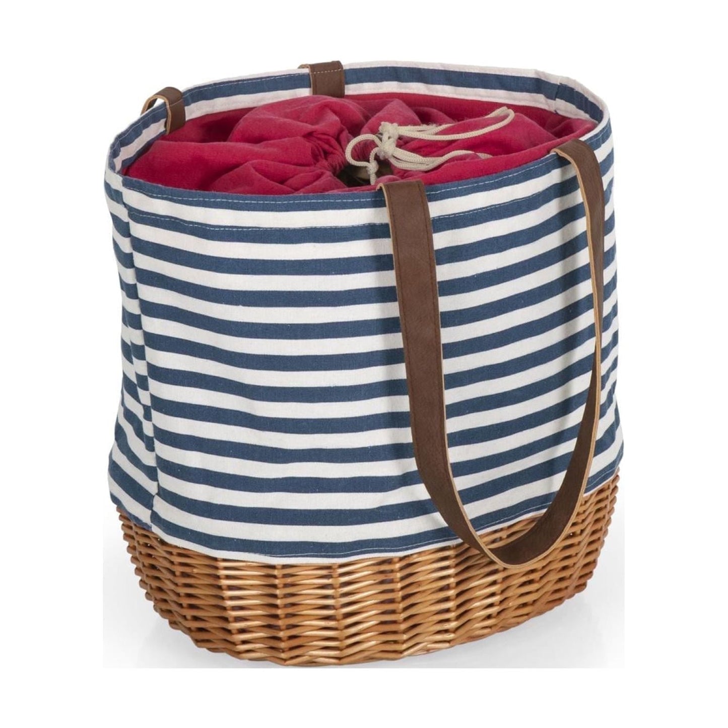 Picnic Time Coronado Canvas and Willow Basket Tote with Drawstring Closure and Wicker Base, Navy Blue & White Stripe
