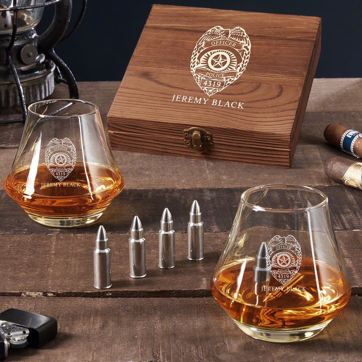 Police Badge Custom DiMera Glasses and Bullet Whiskey Stone Set