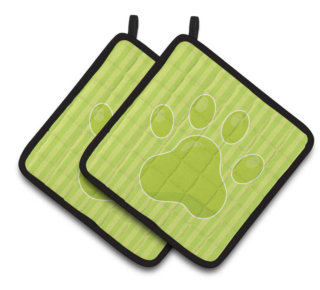 Puppy Pawprint Green Stripes Pair of Pot Holders
