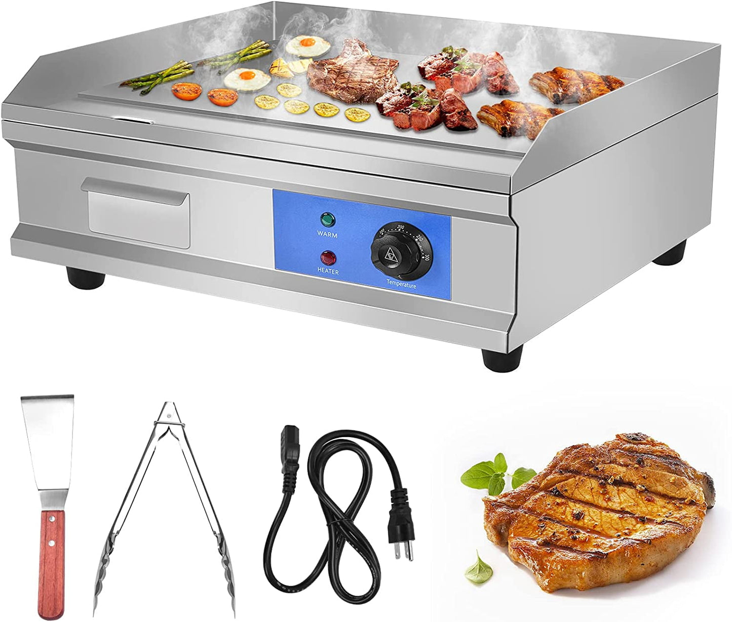 QAQ 3000W 21.6" Electric Countertop Flat Top Griddle Grill Non-Stick Commercial Restaurant Teppanyaki Grill Stainless Steel Tabletop Flat Top Grill Machine with Adjustable Thermostatic Control,110V