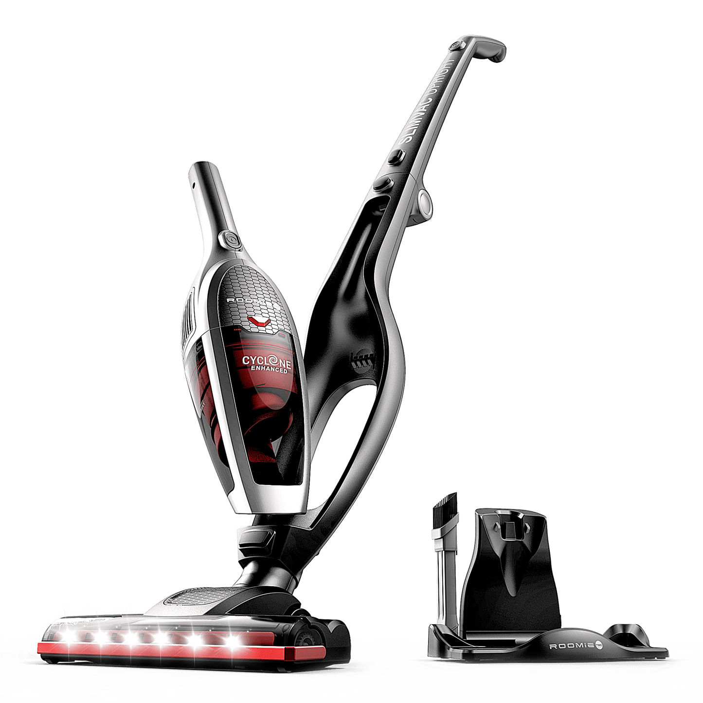 ROOMIE TEC Cordless Vacuum Cleaner, 2 in 1 Handheld, High-Power 2200mAh Li-ion Rechargeable Battery, with Corner Lighting and Upright Charging Base
