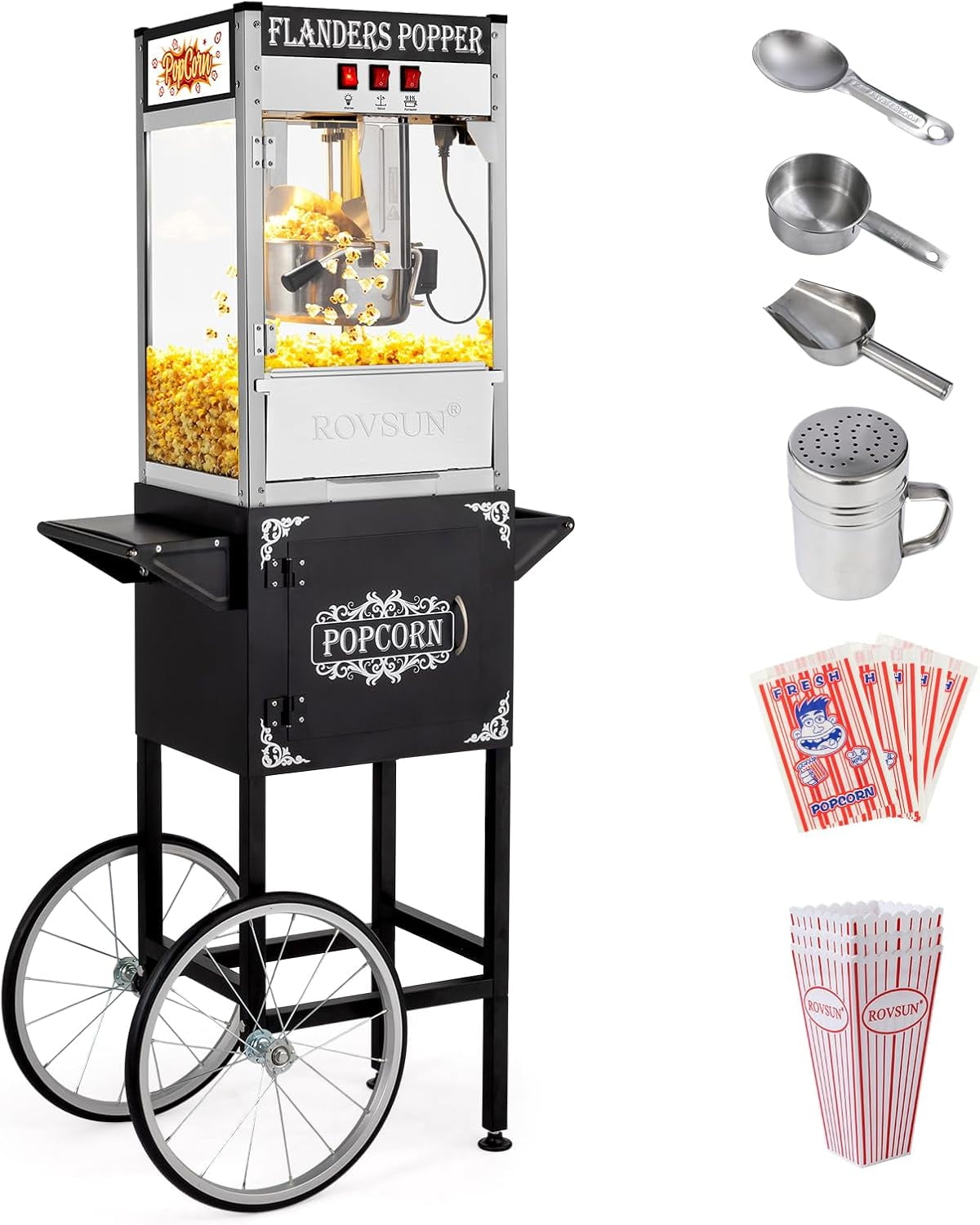 ROVSUN Popcorn Machine Movie Theater Style with Cart & Wheels, 10 Ounce Kettle Makes Up to 4 Gallons Popcorn Maker with Popcorn Scoop, Oil Spoon, Popcorn Cups & Bags for Commercial Home, 850W