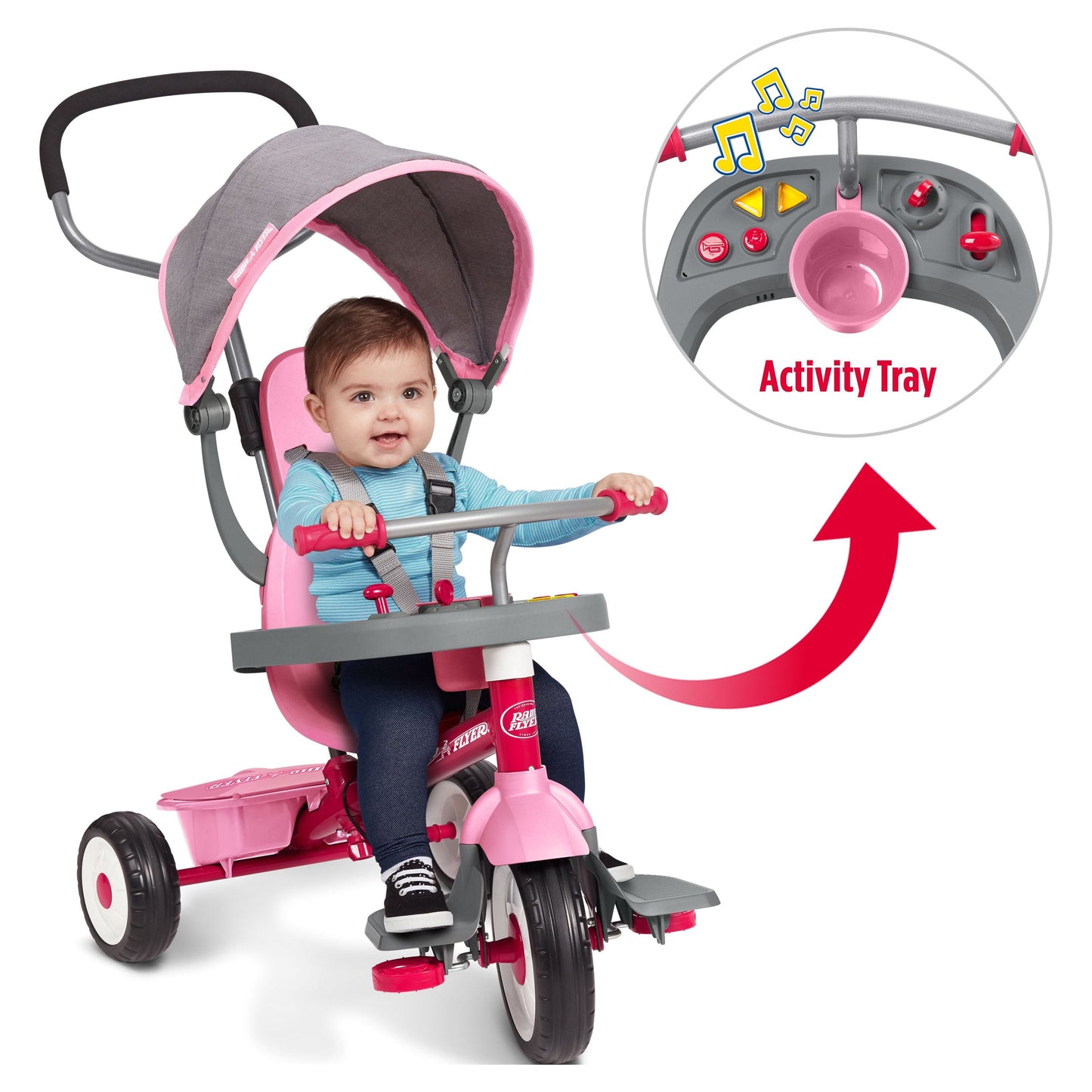 Radio Flyer, 4-in-1 Stroll 'N Trike with Activity Tray, Pink & Gray, Tricycle for Girls and Boys