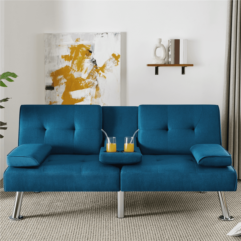 Renwick Fabric Upholstered Convertible Futon Sofa Bed with Cup Holders and Pillows, Dark Gray