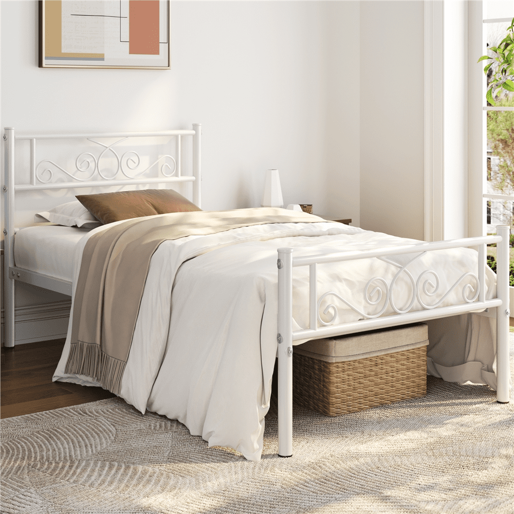 Renwick Twin Size Modern Scroll Metal Platform Bed for Adult, White