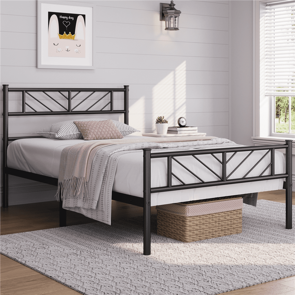 Renwick Cama de Plataforma de Metal Tamaño Twin con Diseño de Flecha, Adulto, Negro