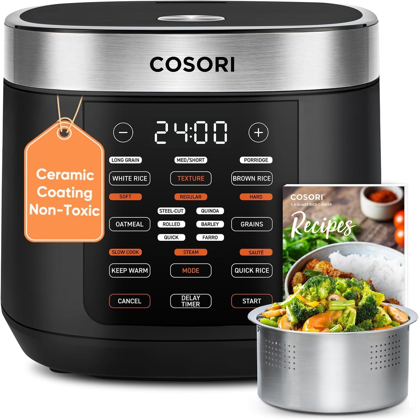 Rice Cooker 10 Cup, 24h Keep Warm, 18 Functions Fuzzy Logic Rice Maker with Stainless Steel Steamer Basket, Sauté, Slow Cooker, Black