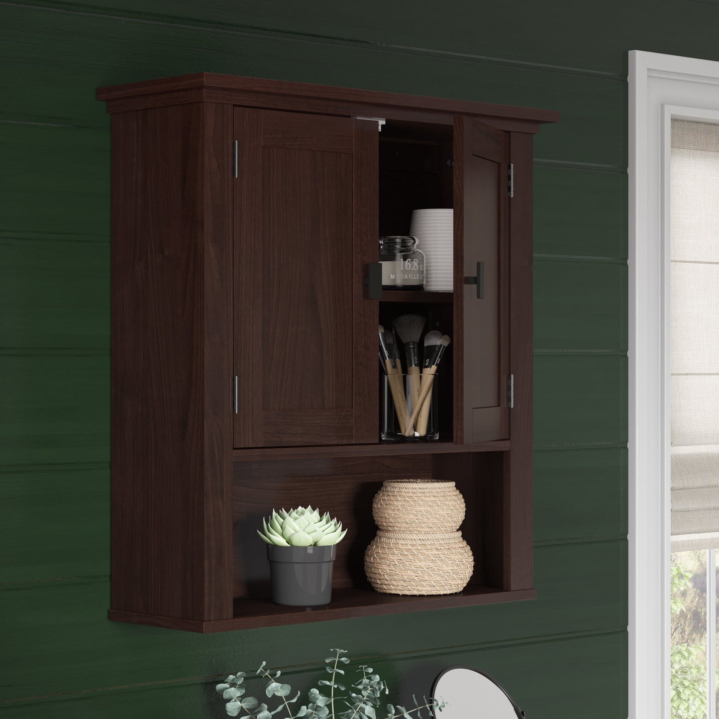 RiverRidge Hayward Gabinete de Medicinas para Baño de 2 Puertas Estante de Pared Almacenamiento - Veta de Madera Oscura