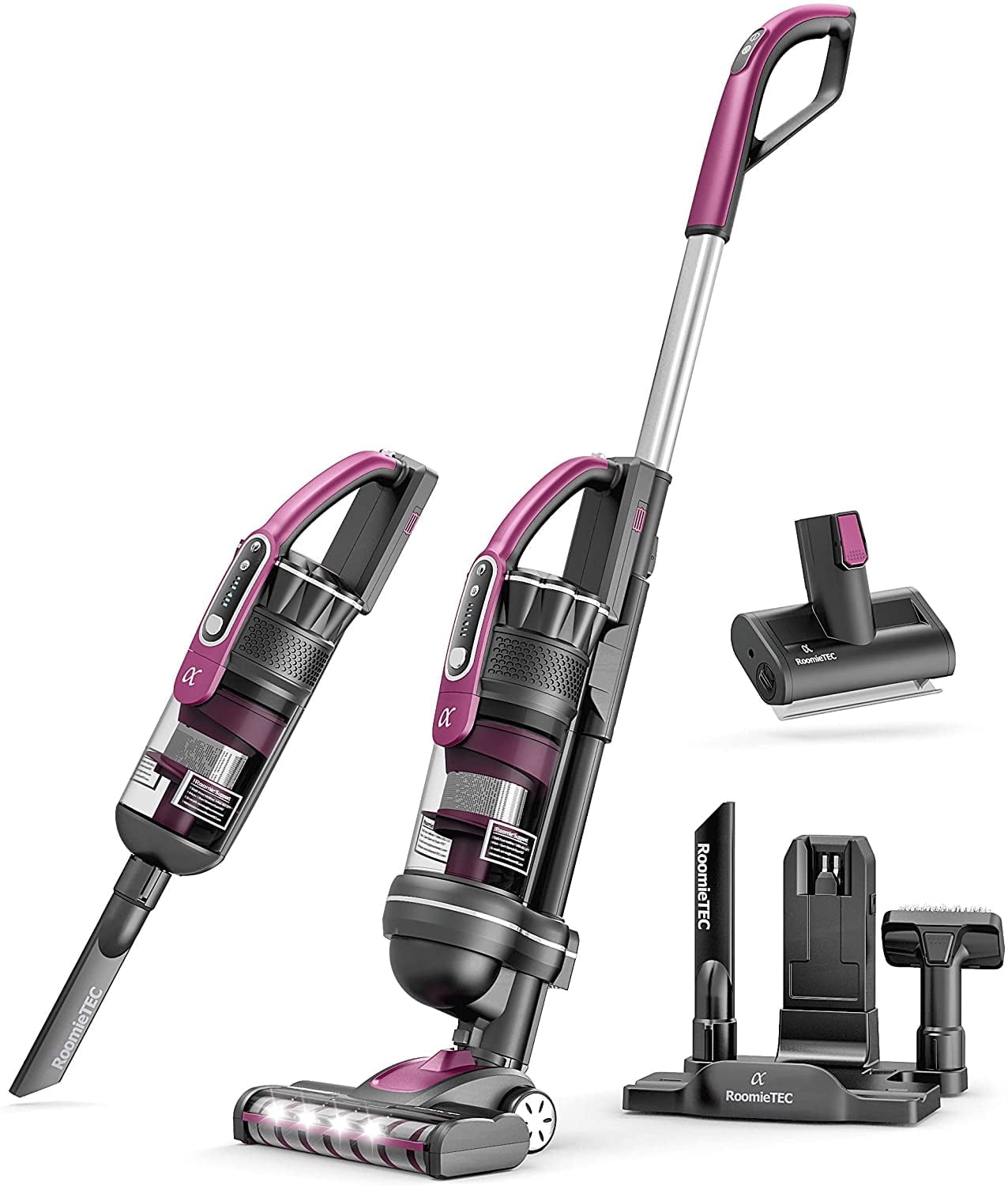 RoomieTEC Alpha Professional Upright Cordless Vacuum Cleaner, Lightweight and Bagless, with Handheld Dust Buster, Motorized Pet Brush, 22Kpa, 300W