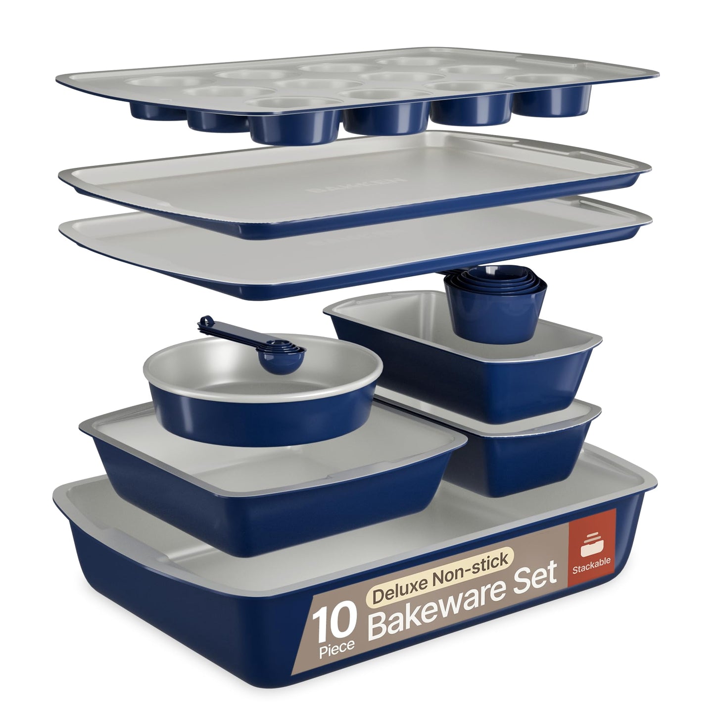 Bakken- Swiss 10-Piece Bakeware Sets, Nonstick Carbon Steel Baking Sheet & Pans, Stackable Space-Saving Bakeware, Stain-resistant, Oven Safe (up to 450°F), Royal Blue