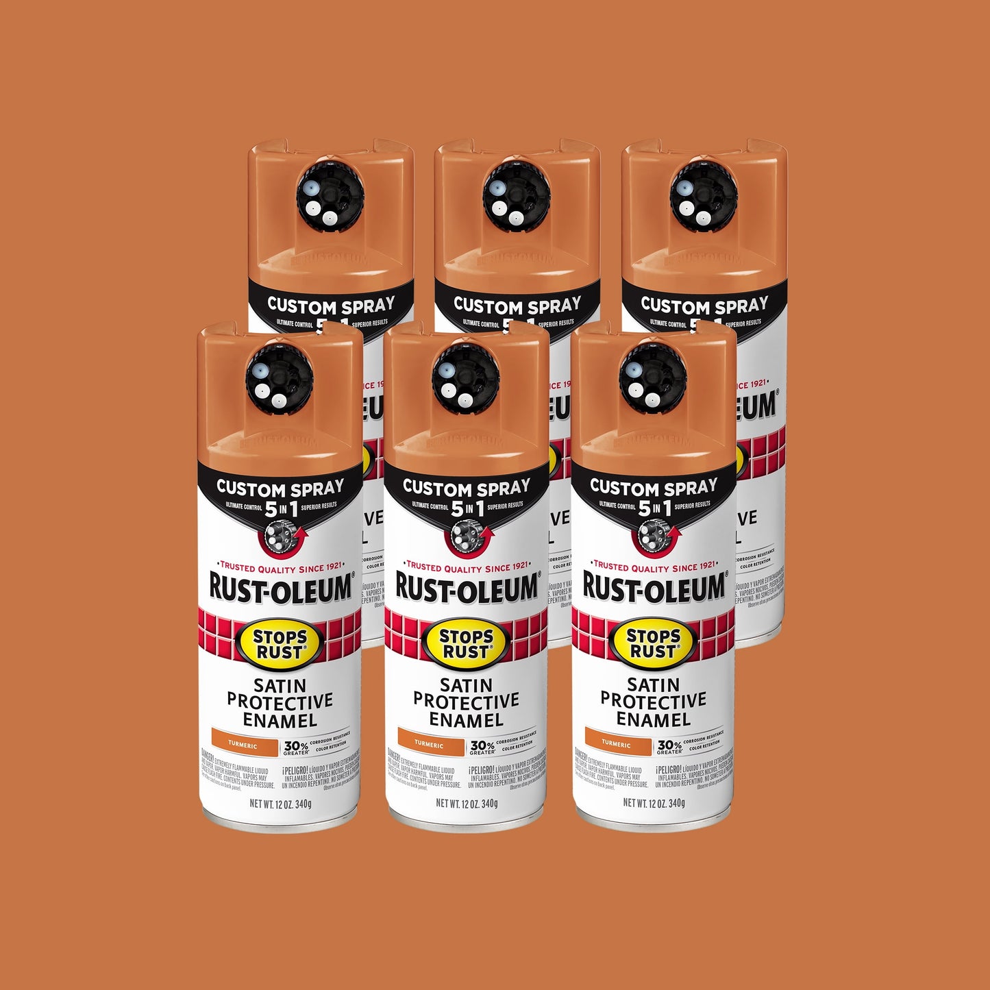 6 Pack, Rust-Oleum Stops Rust Custom Spray 5-in-1 Satin Turmeric Spray Paint-393368, 12 oz