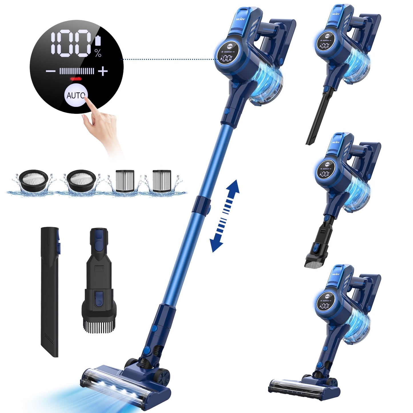 SEJOY Cordless Stick Vacuum Cleaner 25KPa with Touch Display, 60min Runtime Lightweight Vacuum Cleaners for Carpet Hardwood Floor Pet Hair