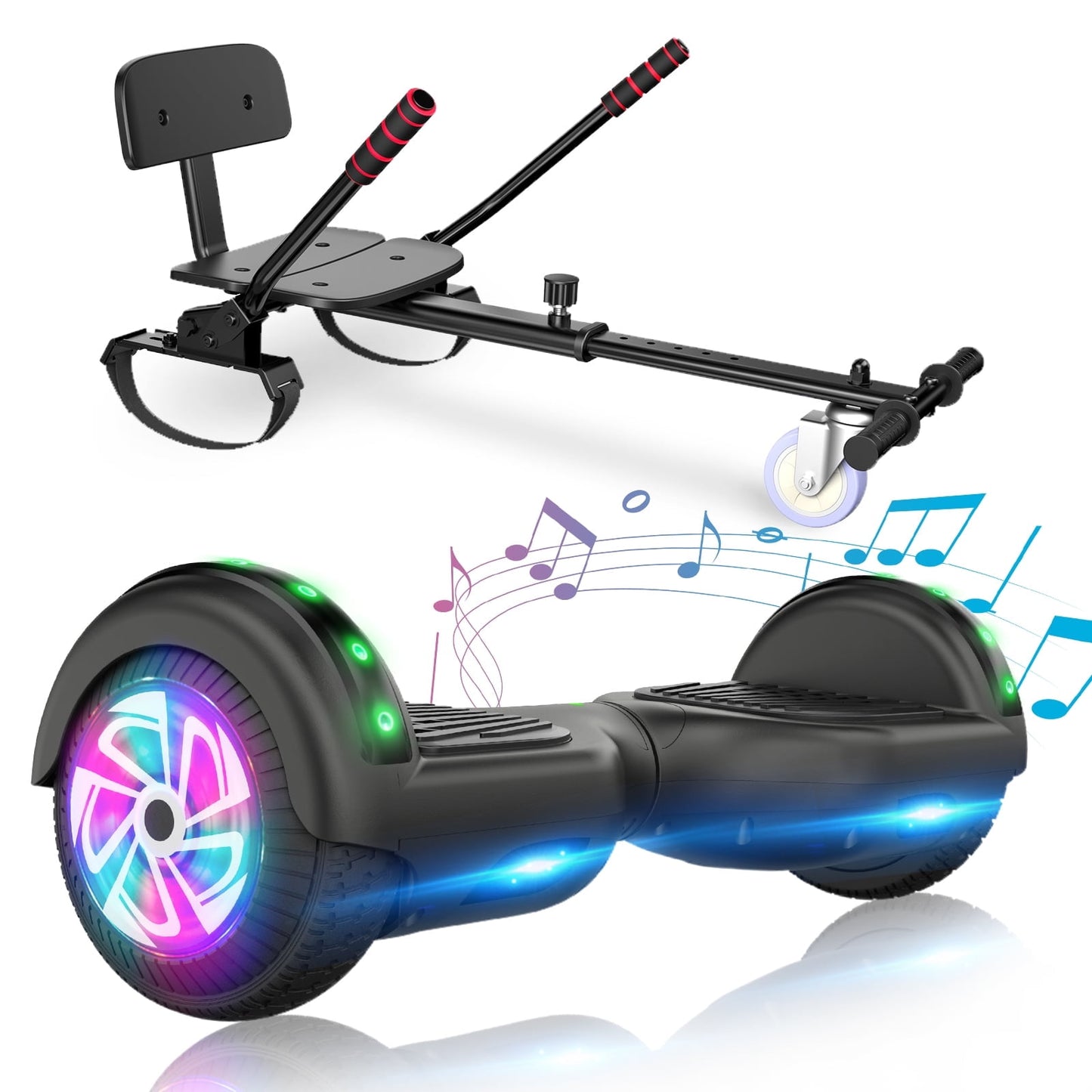 SISIGAD Hoverboard with Seat Attachment Combo, 6.5" Two-Wheel Hoverboards with Bluetooth Speaker, Self Balancing Scooter for Kids Gift (Include Go-Kart)