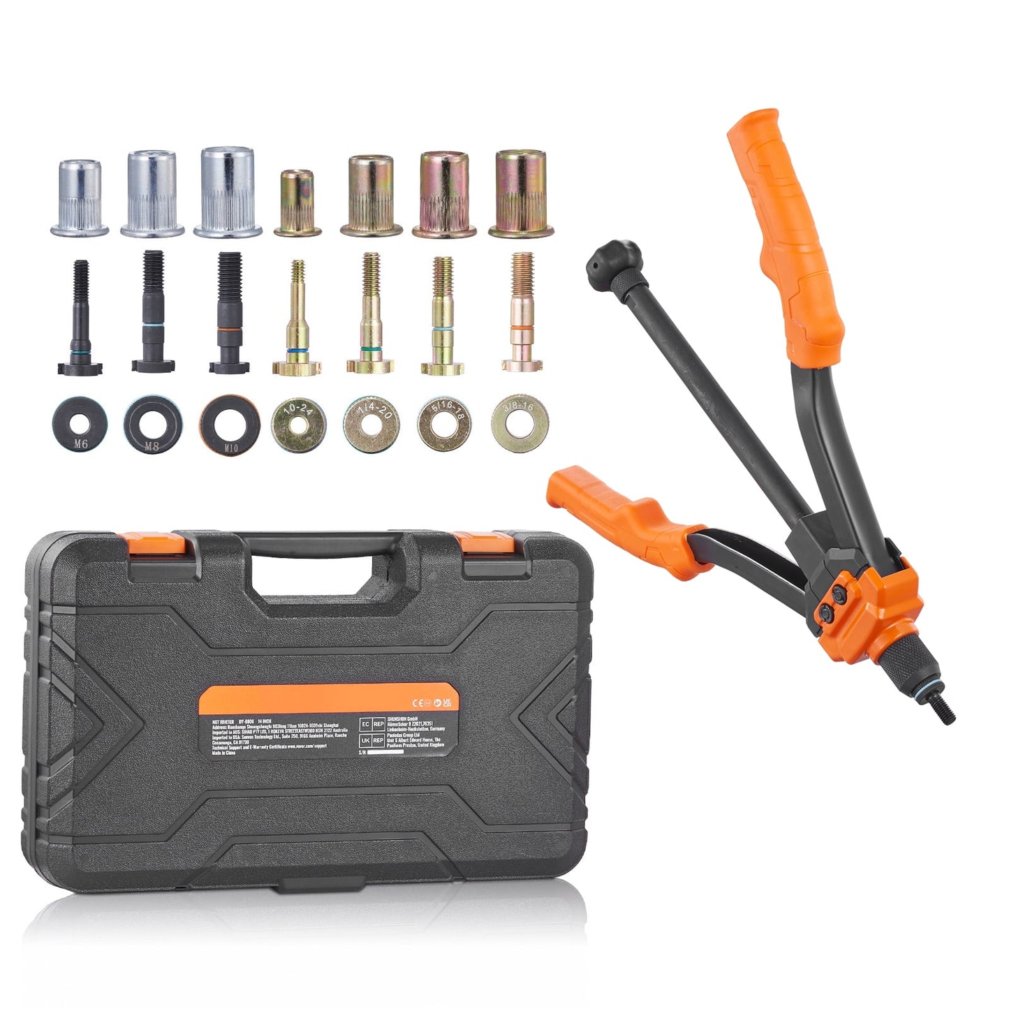 SKYSHALO Professional Rivet Nut Tool, 14†Rivnut Tool Kit with 7 PCS Metric and SAE Mandrels, 70 PCS Assorted Rivet Nuts, 10-24, 1/4-20, M6, 5/16-18, M8, 3/8-16, M10, With Rugged Carrying Case