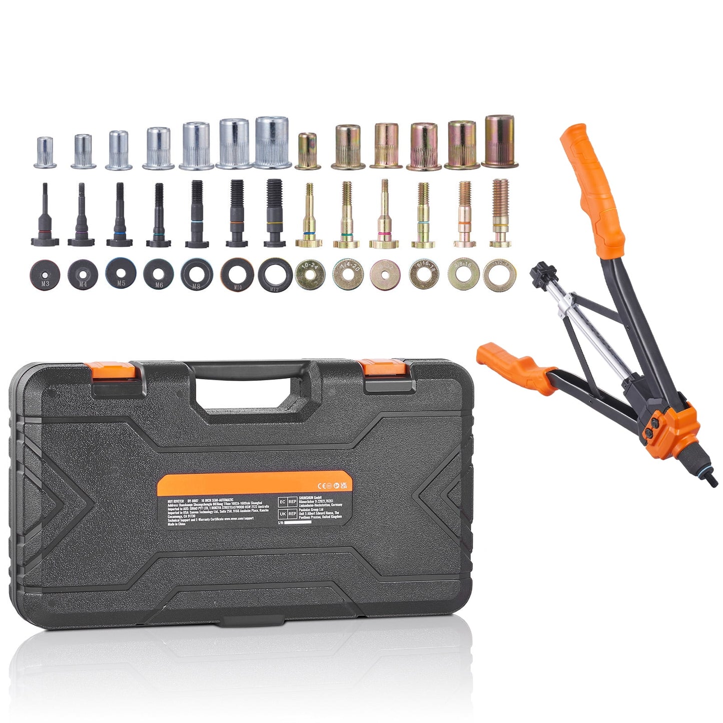 SKYSHALO Rivet Nut Tool, 16†Rivnut Tool Kit with 13PCS Metric and SAE Mandrels, 186PCS Rivet Nuts, M3, M4, M5, M6, M8, M10, M12, 1/4-20, 5/16-18, 3/8-16, 1/2-13, 8-32, 10-24, Semi-auto Retraction