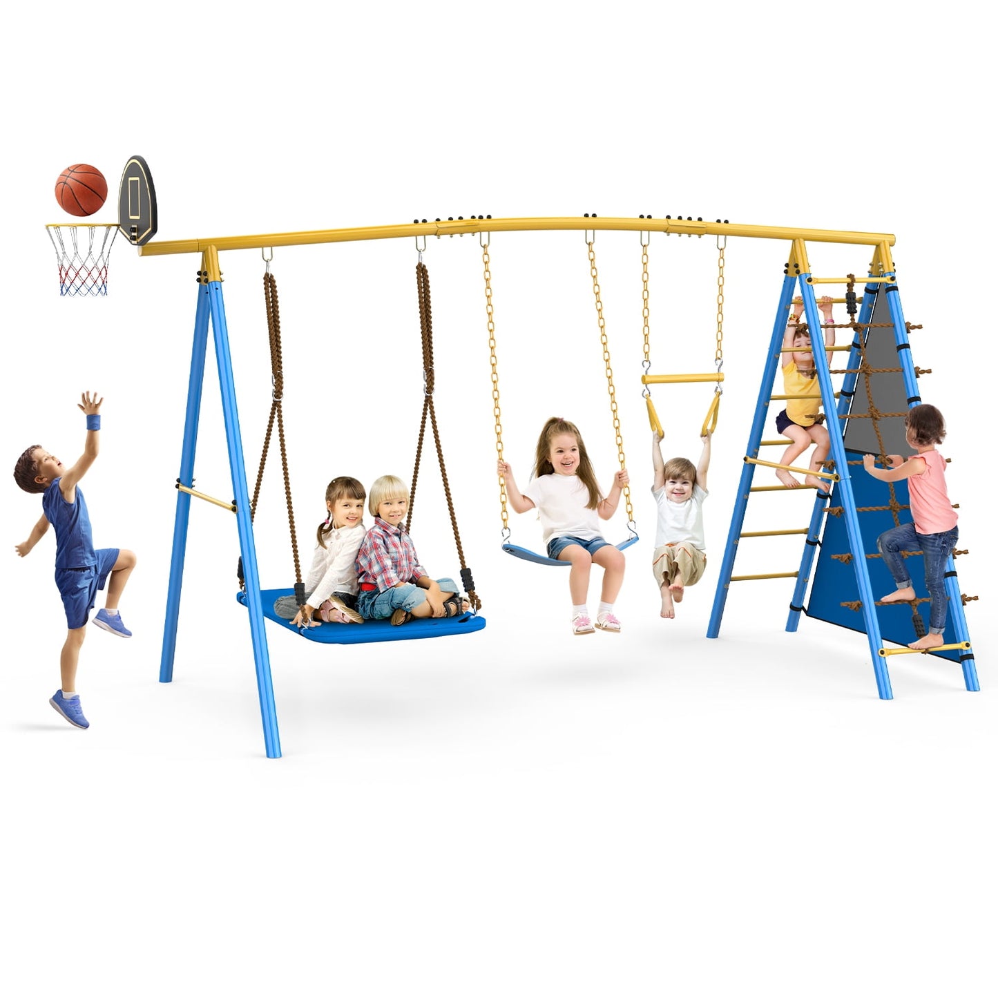 SPPTTY 7 in 1 Swing Sets for Outside,A-Frame Swing Set with Climbing Ladder,2 Swing,Trapeze Bar,Basketball Hoop