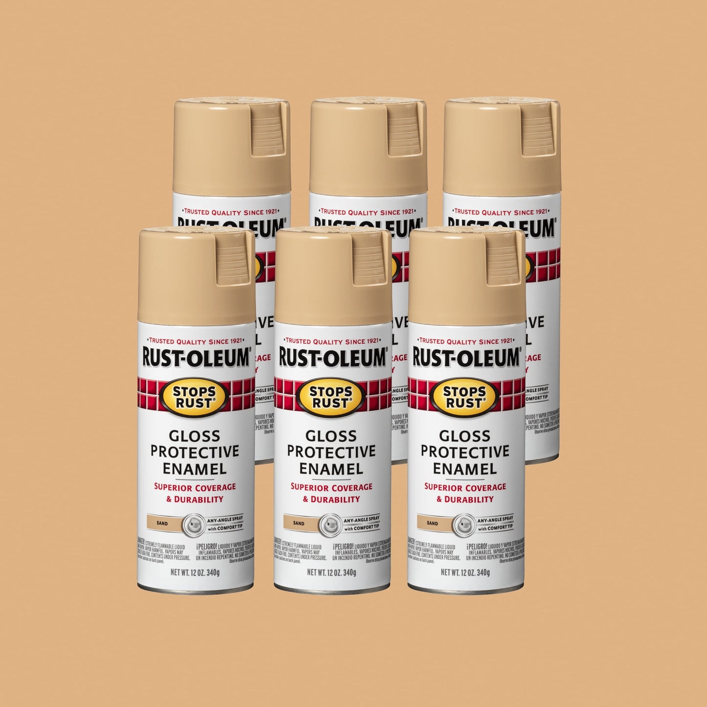 6 Pack, Sand, Rust-Oleum Stops Rust Gloss Protective Enamel Spray Paint-7771830, 12 oz