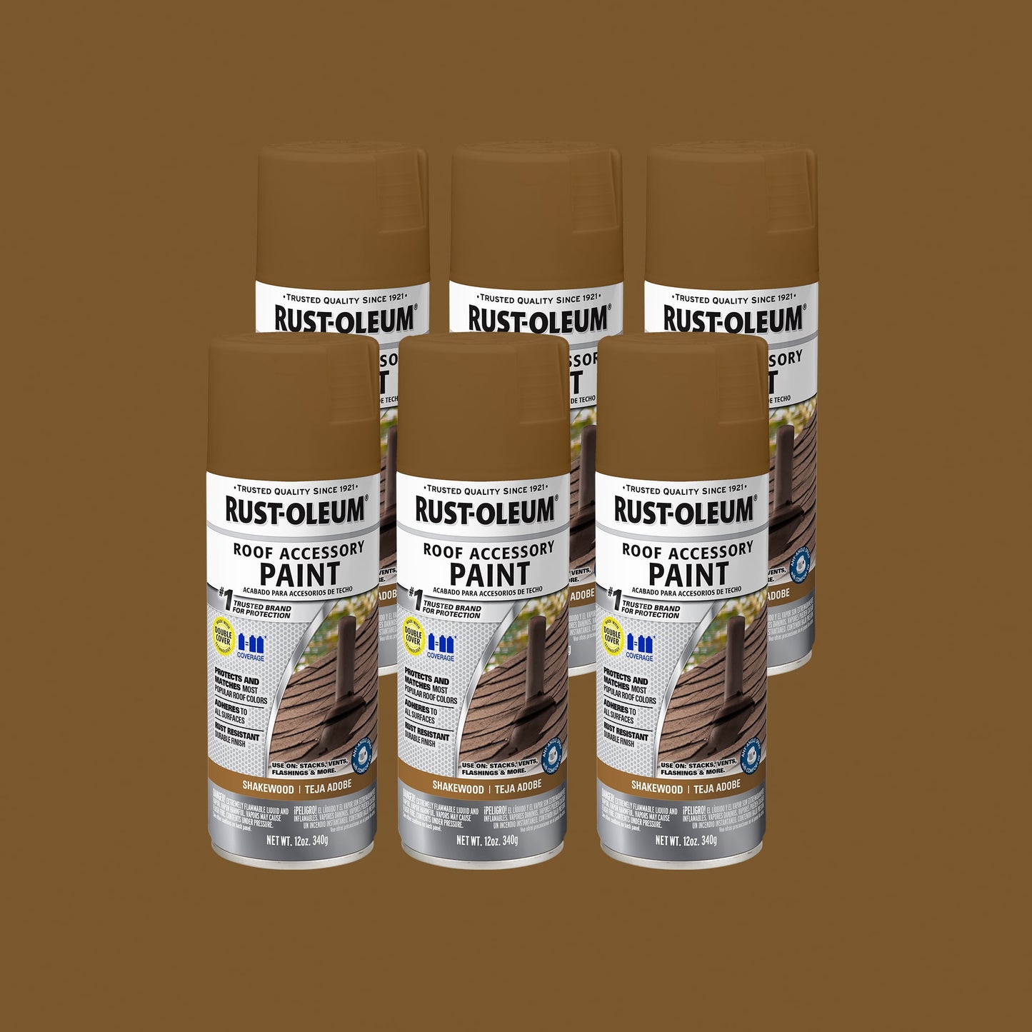 6 Pack, Shakewood, Rust-Oleum Stops Rust Flat Roof Accessory Spray Paint- 285225, 12 oz.
