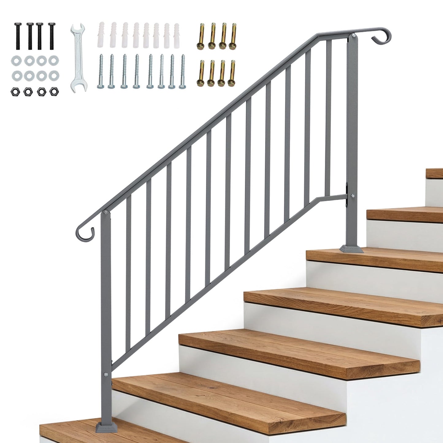 Silver Powder Coated Galvanized Iron Stair Handrail Curved Step Railing Fit 4-5 Steps Outdoor Garden Safety Iron Picket Rail With Installation Hardware