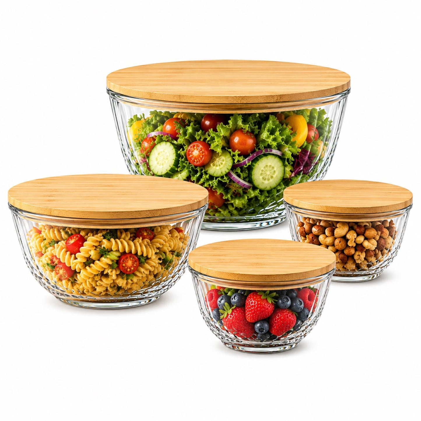Sorbus 4-Piece Diamond Textured Glass Mixing Bowl Set with Airtight Bamboo Lids, Assorted Sizes