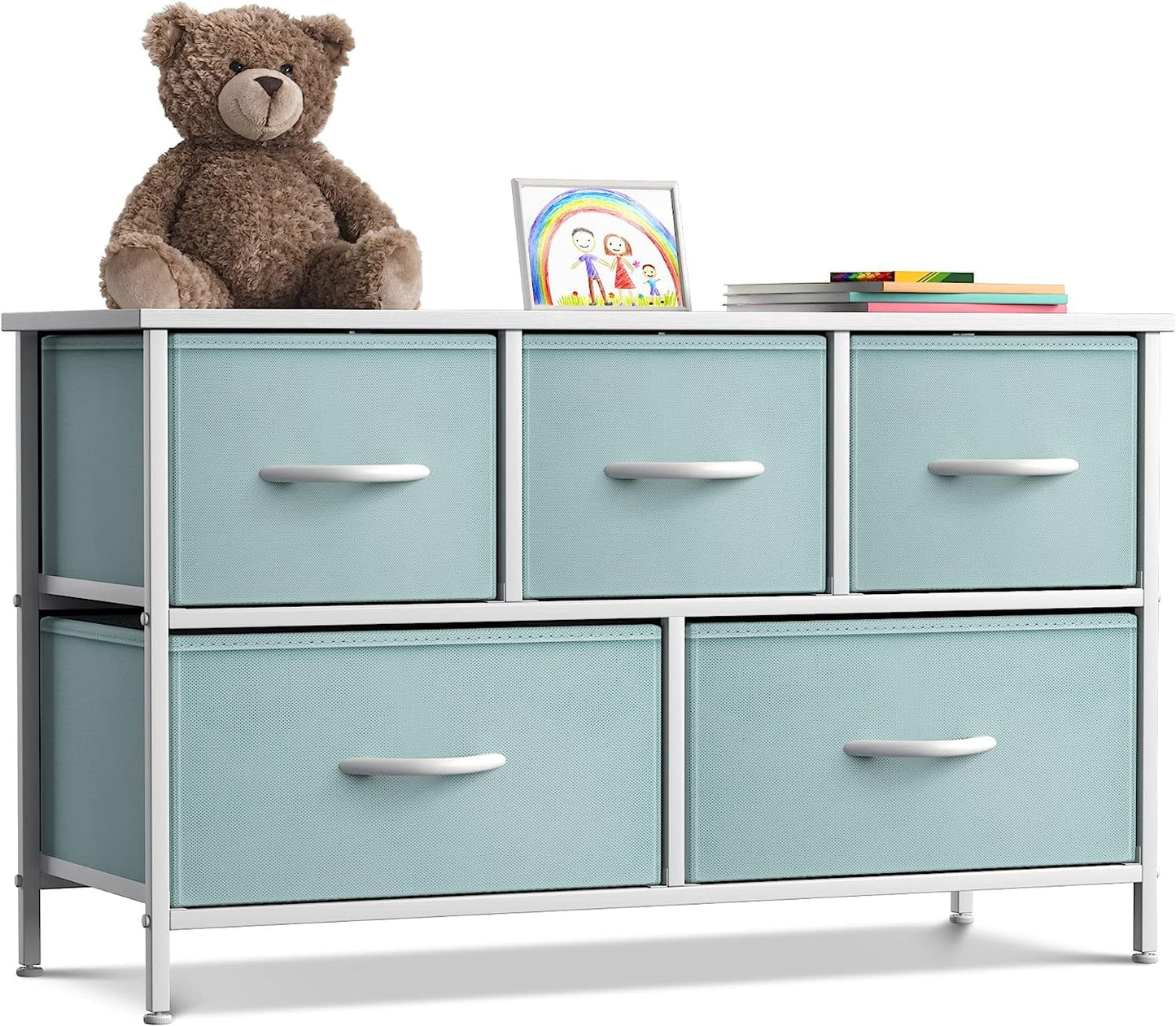 Sorbus 5-Drawer Dresser Storage Chest, Steel Frame, Wood Top, Fabric Bins, Aqua