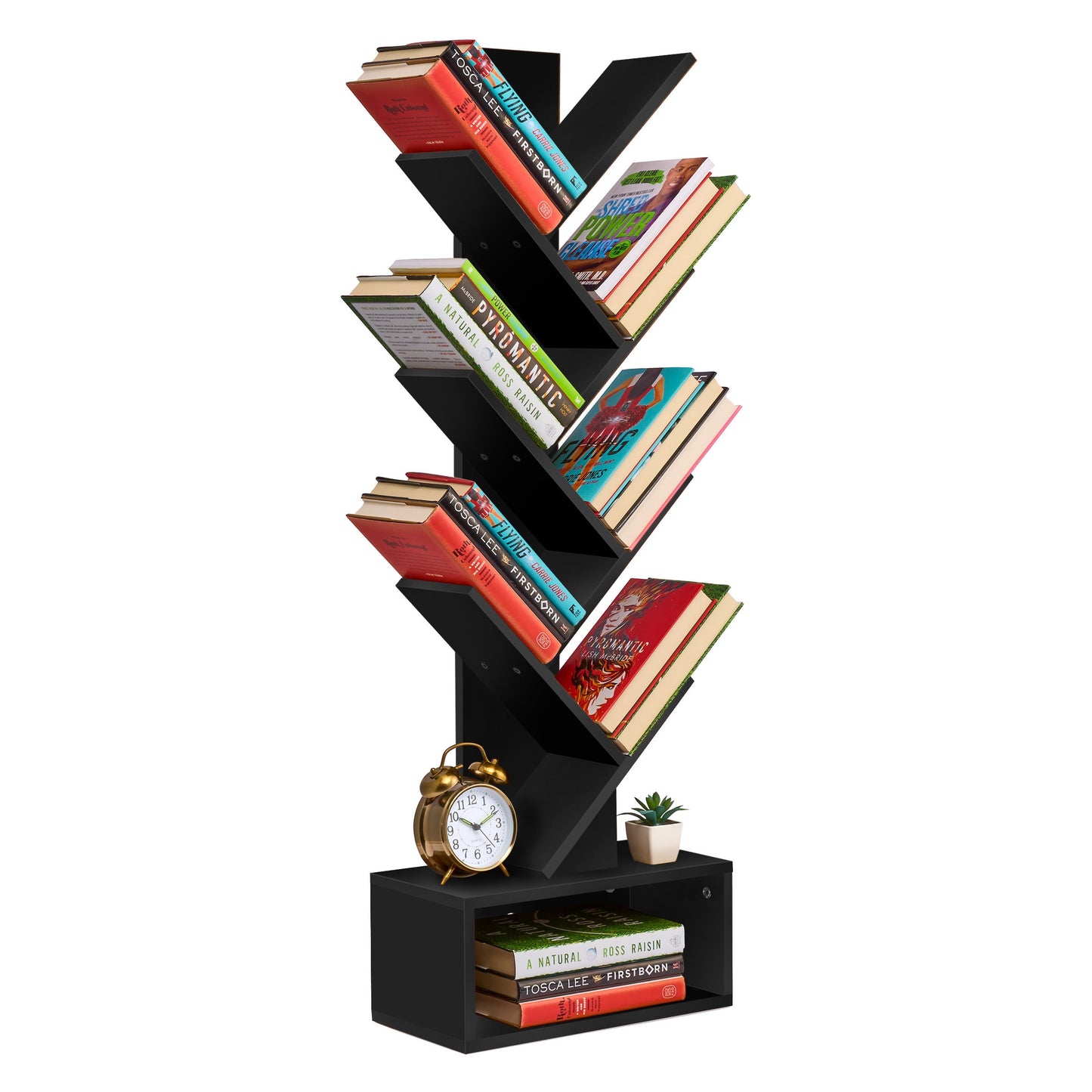 Sorbus 7-Tier Zigzag Bookcase with Drawer, Space-Saving Organizer, Black