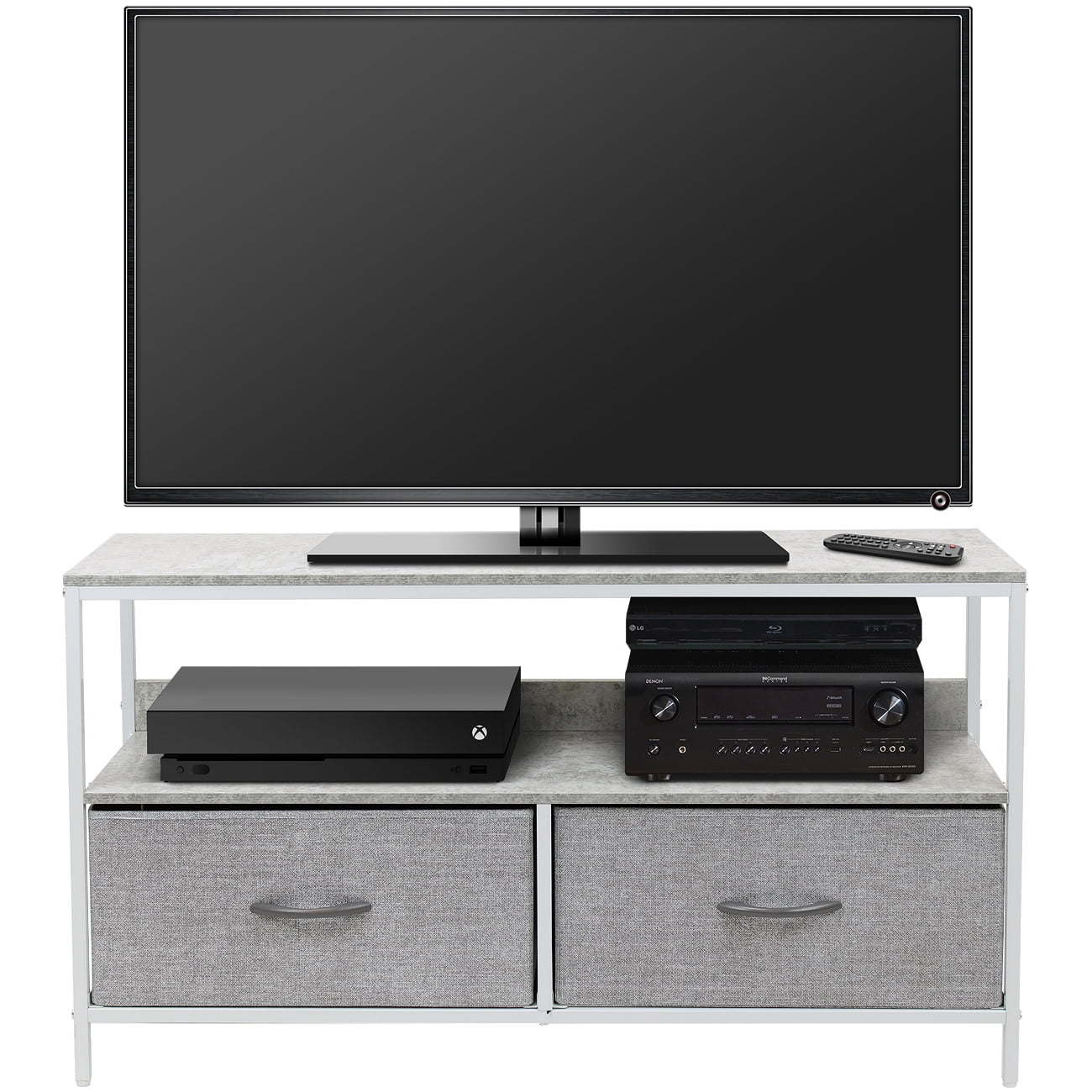 Sorbus Dresser Drawer TV Stand with Fabric Storage Bins, Steel Frame, Wood Top, Gray