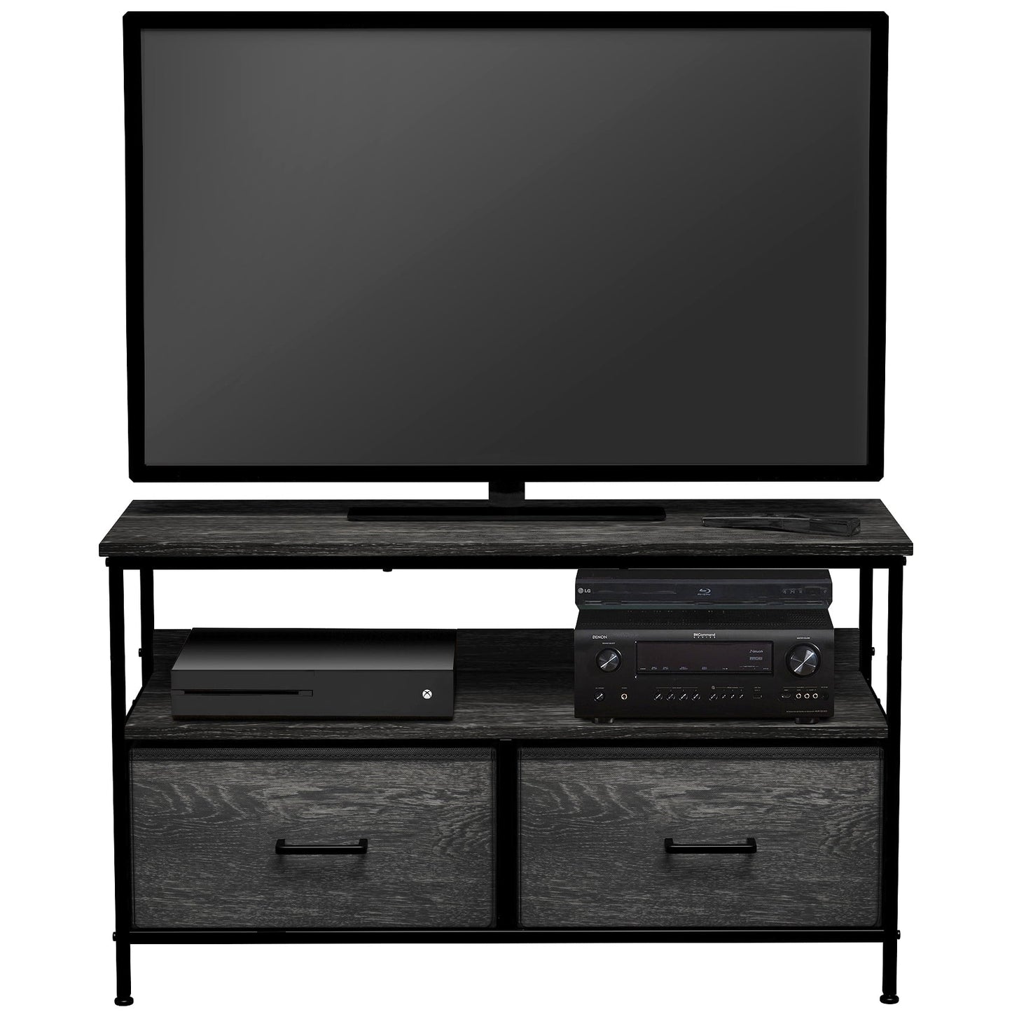 Sorbus Dresser Drawer TV Stand with Fabric Storage Bins, Steel Frame, Wood Top, Rustic Black