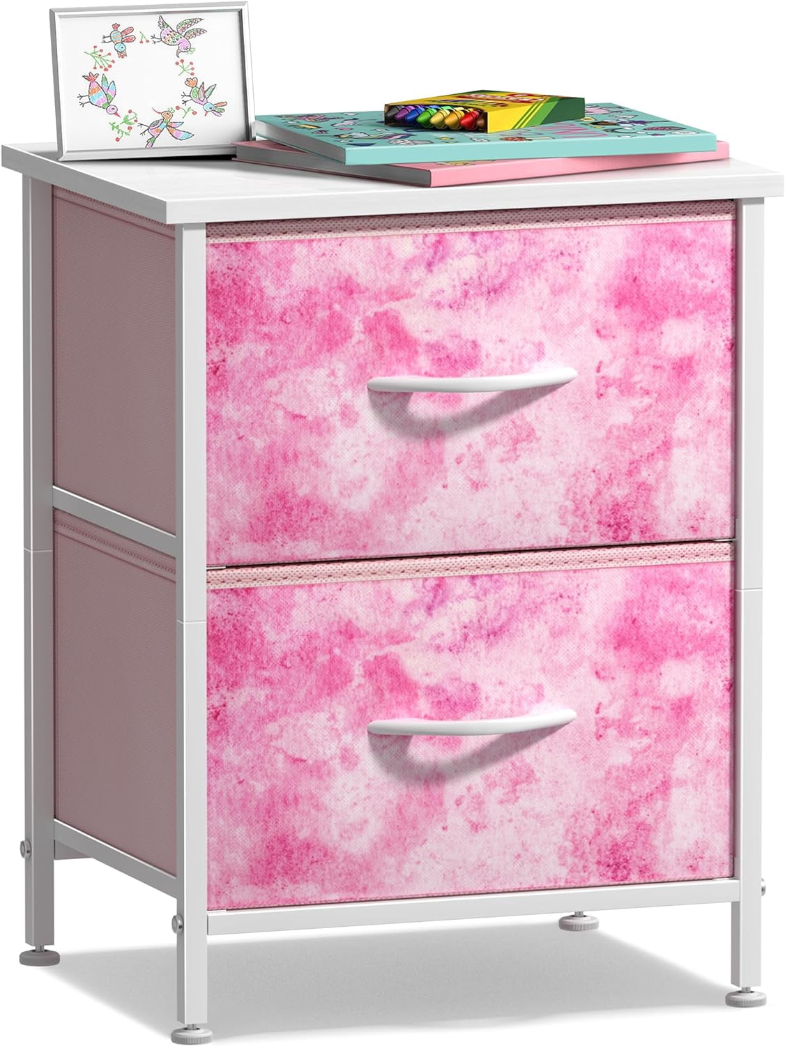 Sorbus Nightstand with 2 Drawers, Steel Frame, Wood Top, Fabric Bins, Tie-Dye Pink