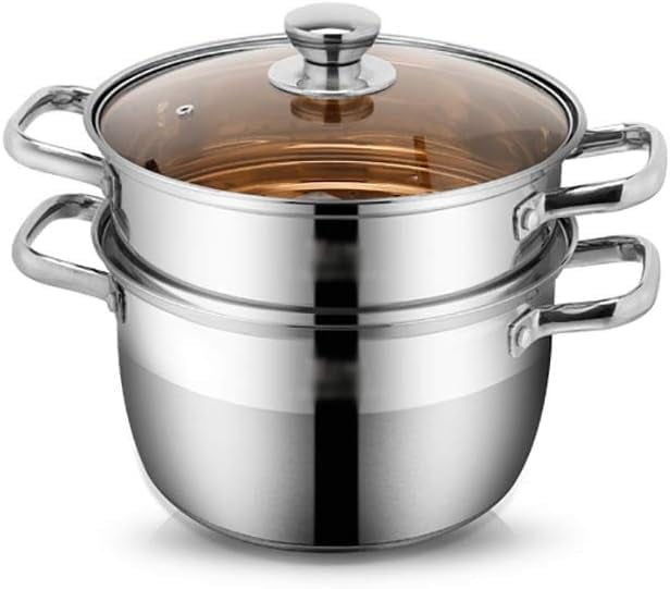 Stainless Steel Momo Maker & Steamer With Glass Lid & Handle - Silver | Gas & Induction Bottom - 2 Tier Steamer Steaming Pot | Multipurpose Food Steamer For Cooking Vegetable, Rice