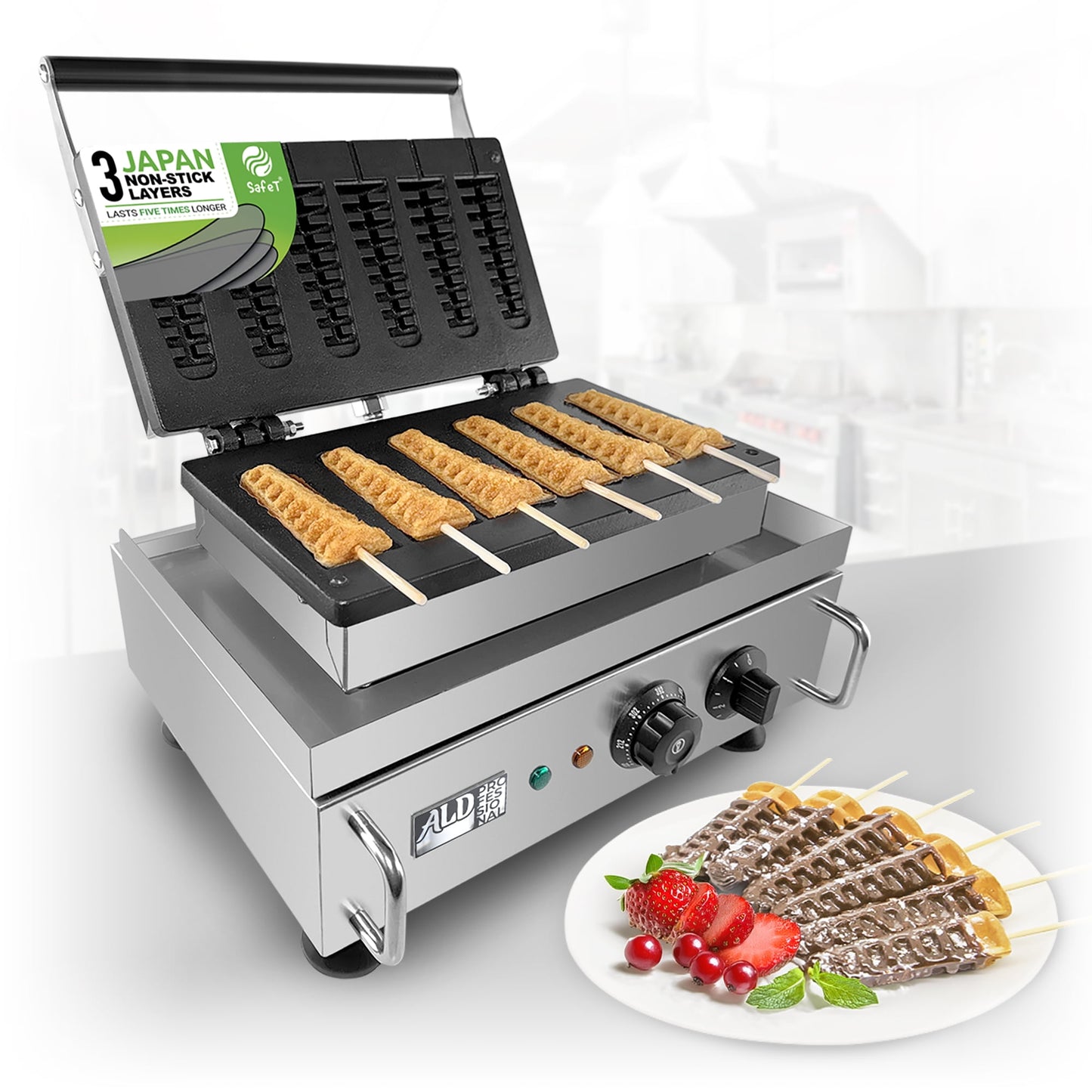 Stick Waffle Maker ALDKitchen 110V Commercial Quality, Coated Non-Stick, Stainless Steel (SIX Small)