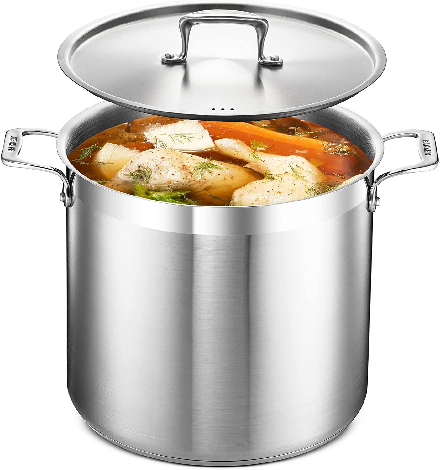 Stockpot – 16 Cuartos – Acero Inoxidable Cepillado – Olla de Inducción de Alta Resistencia con Tapa y Asas Remachadas – para Sopa, Mariscos, Caldo, Enlatado y para Catering para Grupos Grandes y Eventos por BAKKEN