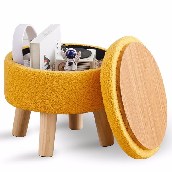 Otoman de Almacenamiento, Reposapiés Redondo Moderno con Asiento Acolchado Suave, Taburete de Terciopelo Teddy con Patas de Madera, Mesa Pequeña Decorativa O Soporte para Plantas para Sala de Estar (Amarillo Brillante)